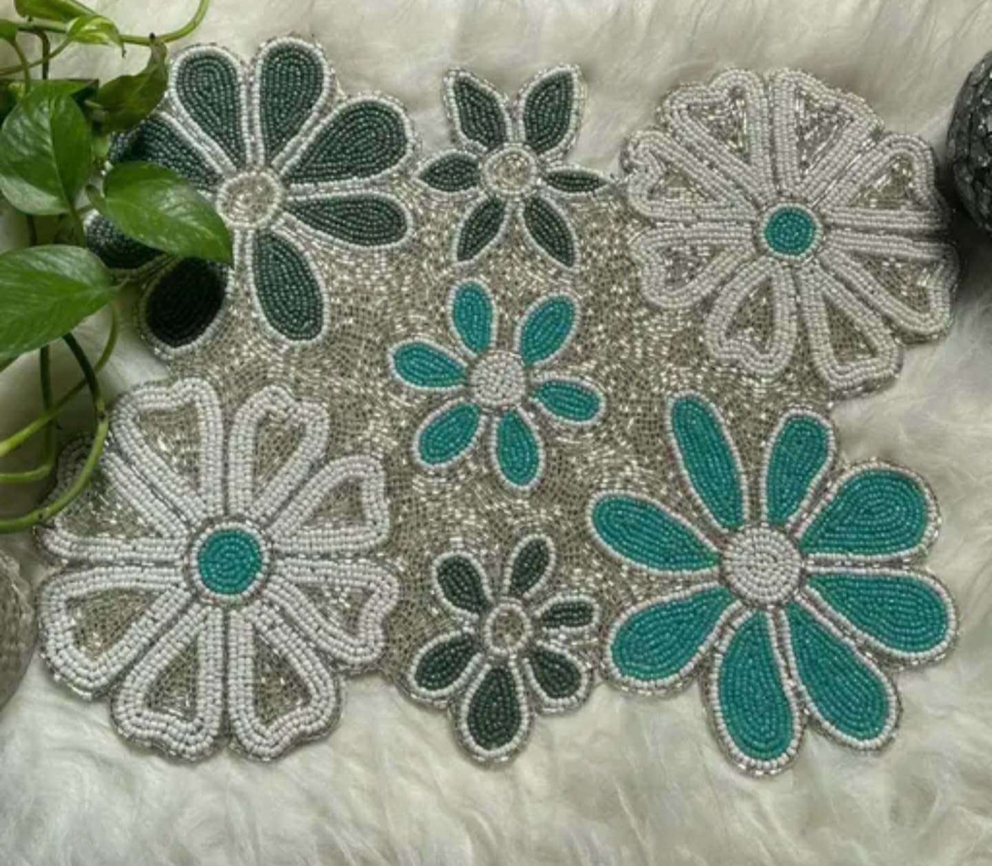Set de table en perles anti-rayures déco salle à manger turquoise