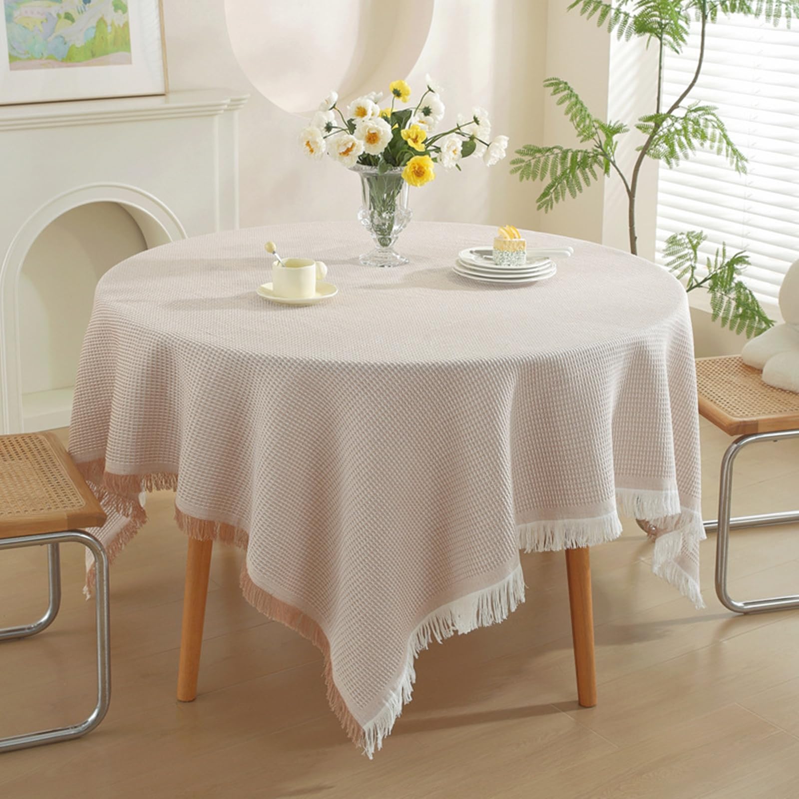 Tischdecke Abwaschbar Quadratisch 180x180, Waffelmuster mit Quasten