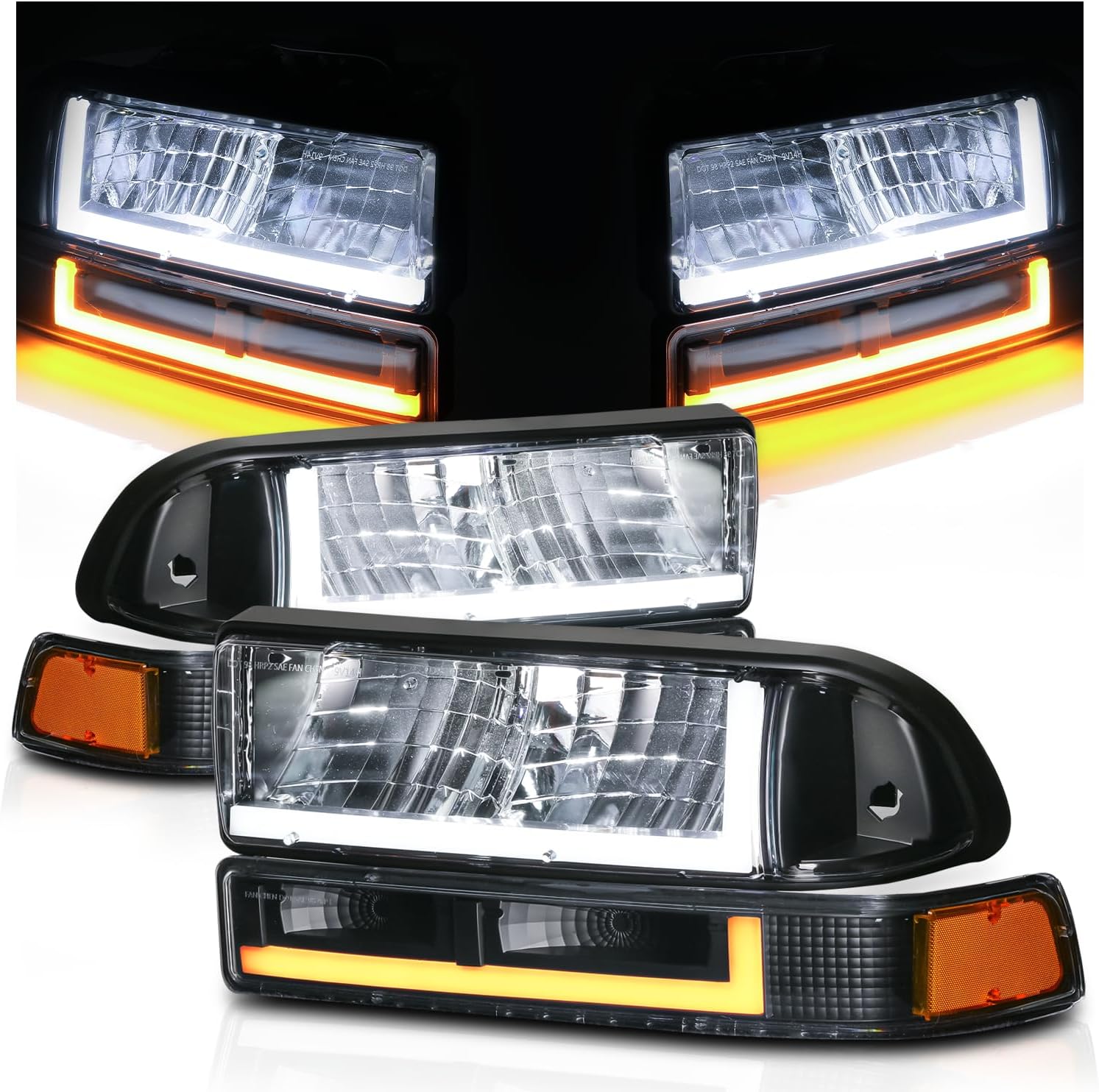 M-AUTO Driver and Passenger Side Headlight w/LED DRL Compatible with 1998-2004 Chevy S10, Left & Right Black Housing Amber Corner