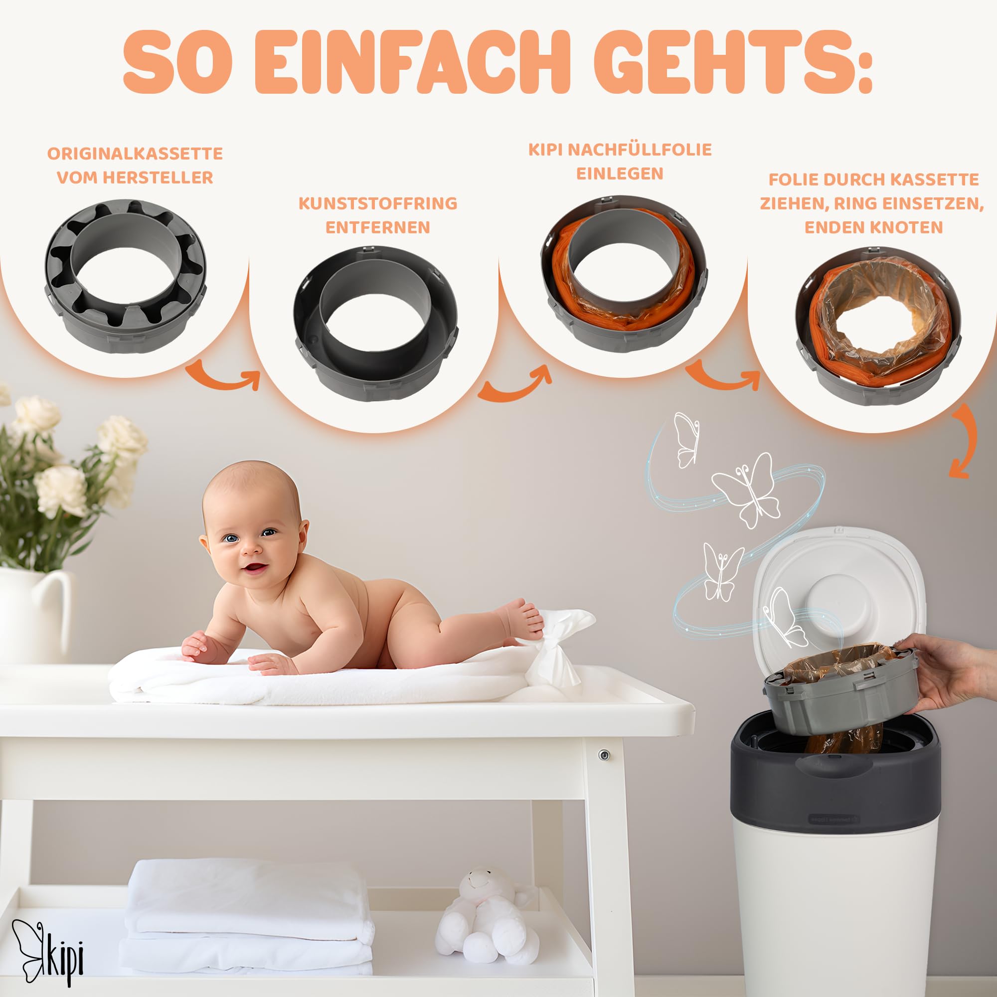 kipi XXL Nachfüllfolie Windeleimer - 8 Stück für runde & achteckige Nachfüllkassetten, extrem ergiebig, geruchsdicht