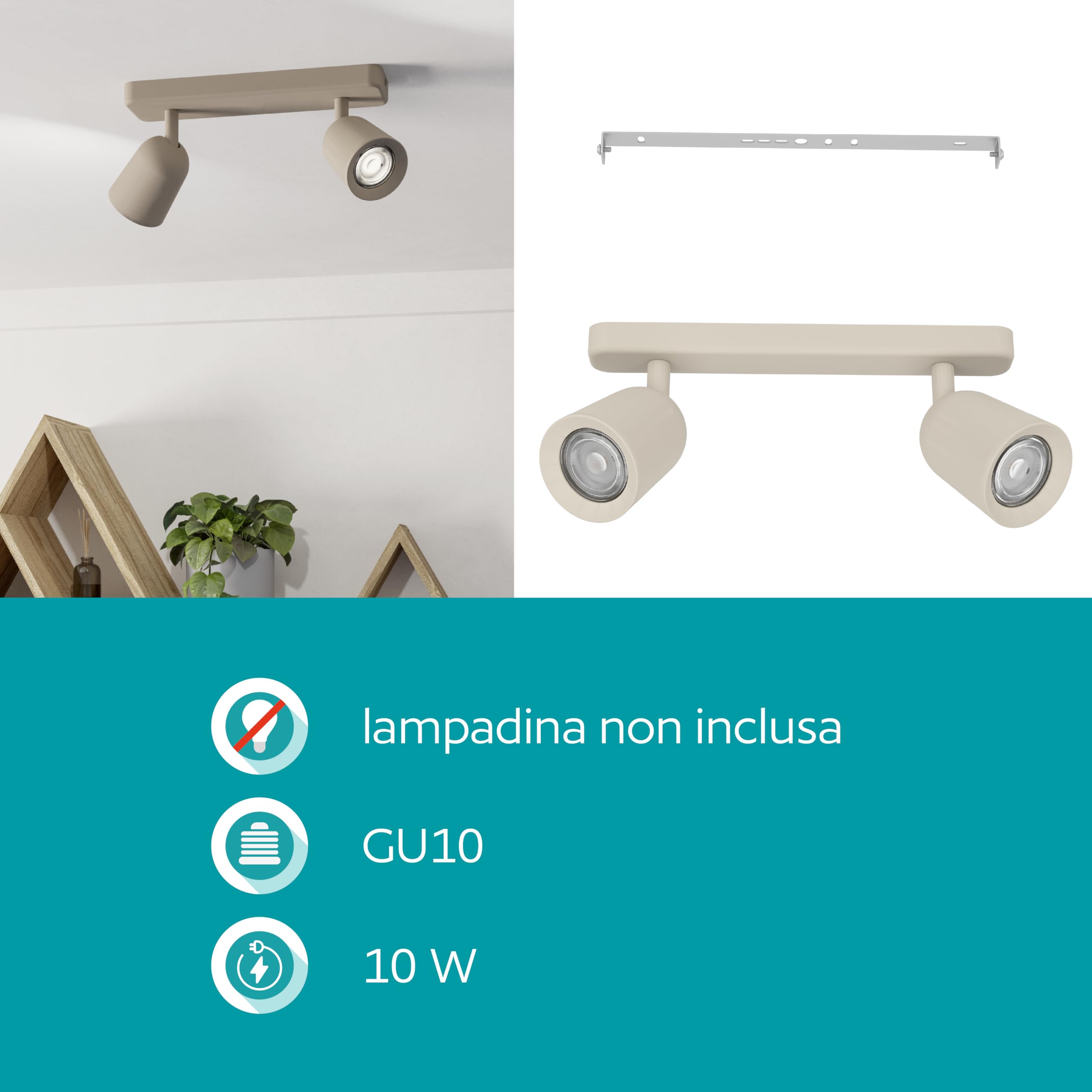 Eglo Camaldoli - Lampada da soffitto a 2 luci, faretto con 3 faretti flessibili, plafoniera in acciaio color sabbia, attacco GU10
