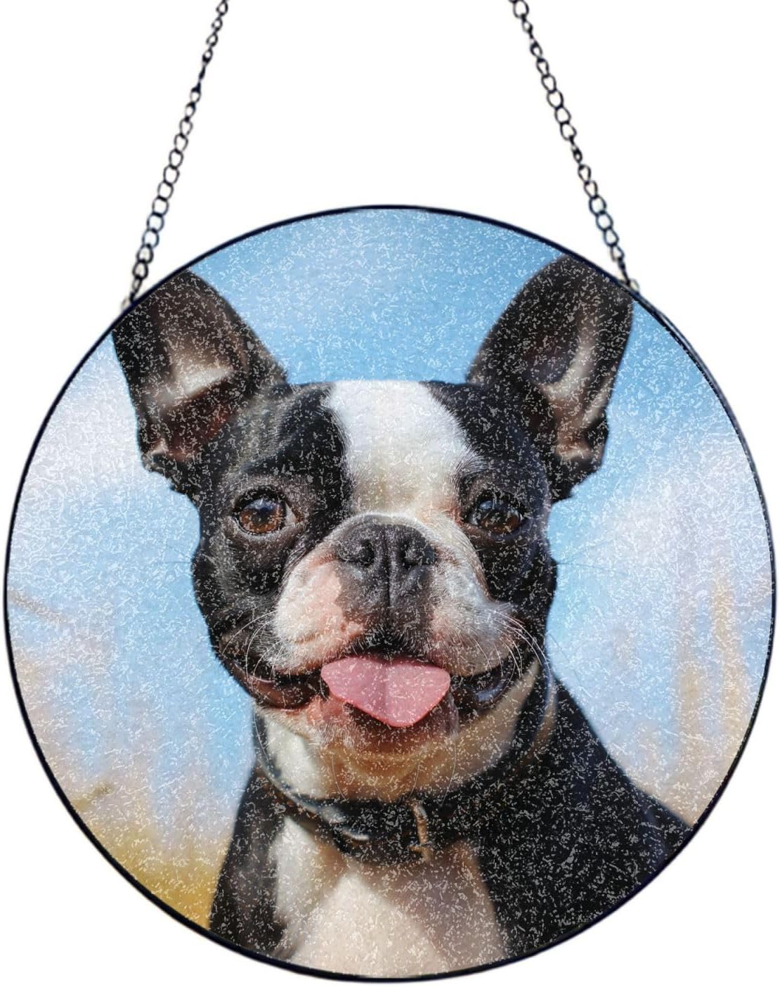 Stained Glass Window Hanging 6in（15cm）, Lovely Boston Terrier Glass Suncatcher for Home Decor, Indoor Wall Art Glass Panel with Metal Chain and Hooks, Sun Catcher Ornament Birthday Gifts