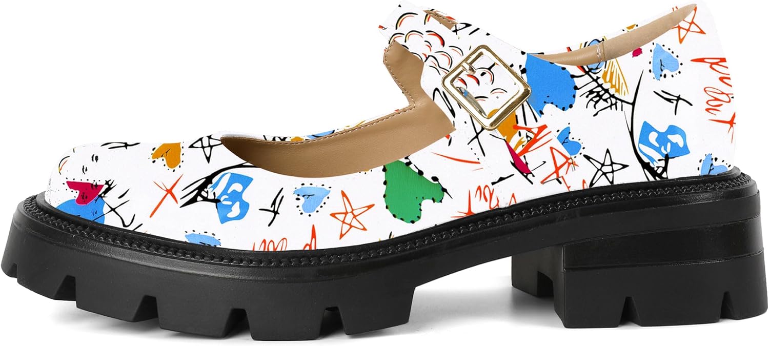 Eldof Women's Mary Jane Shoes Platform Lug Sole Low Heel Chunky Pumps Round Toe Ankle Strap Oxfords Dress Shoes for Uniform Graduation School Work 2 Inches