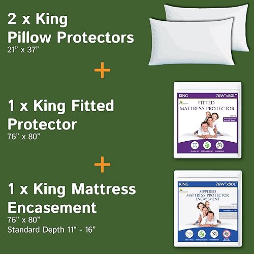 Four Seasons Essentials Paquete - 3 artículos protectores de almohada impermeables tamaño King (2 piezas) + protector de colchón King con cremallera