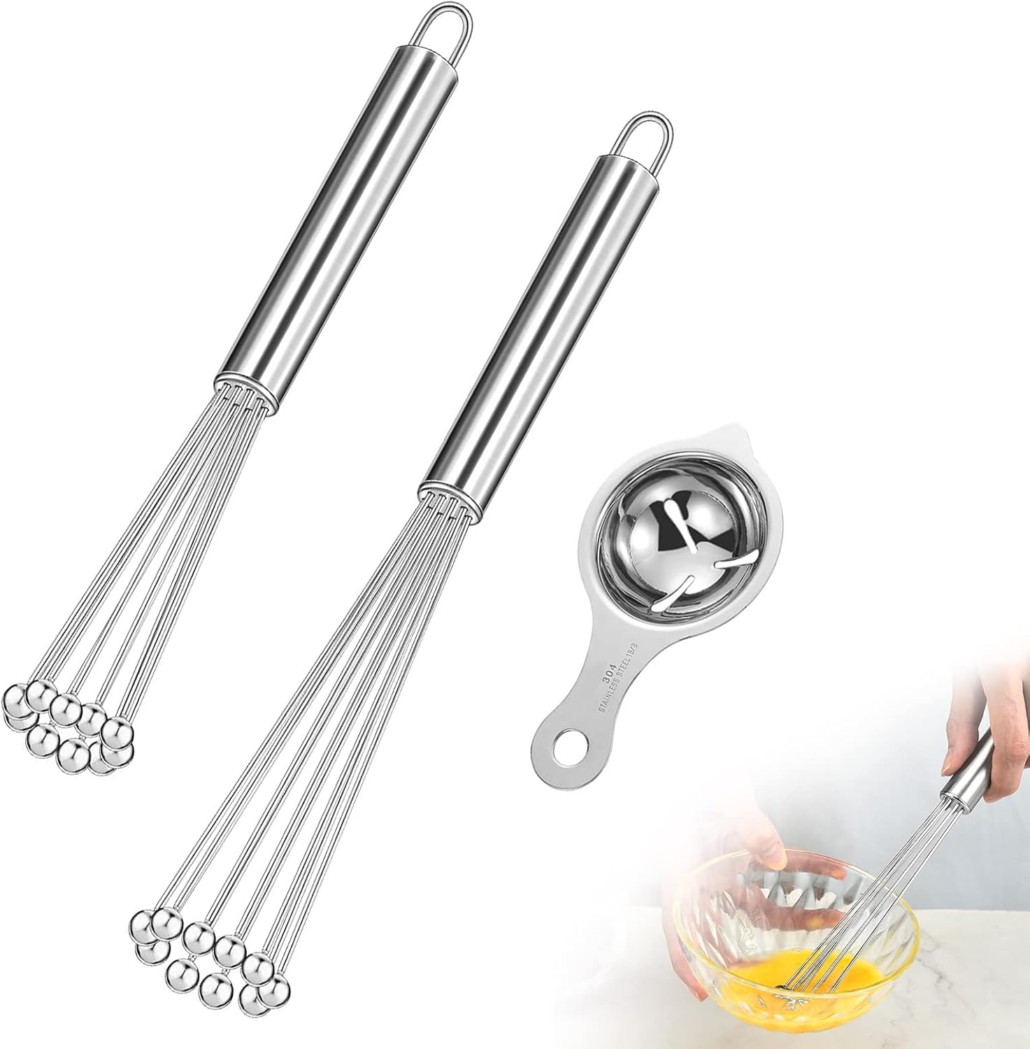 Barillas Batir Manual, Kitnelw Batidora Manual Set de Acero Inoxidable, 3 Piezas Batidor Manual de Huevos Profesional Acero Inoxidable, para Mezclar, Revolver la Masa, Espumar, Huevos, Batir