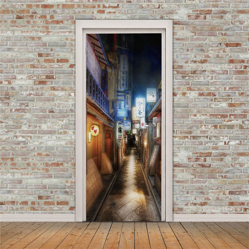Autocollant Porte 3D Trompe-l'œil Rue Ville Noir Et Blanc - 77x200 Cm, Amovible, Décoration Salon Chambre Cuisine