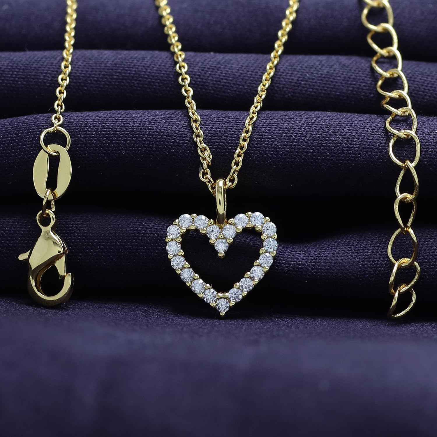 18K Gold Plated | Open Heart, Circle & Cross Moissanite Diamond Pendant Necklace, Cute Dainty Love Pendant Necklace Jewelry 16+2 Inch Extender