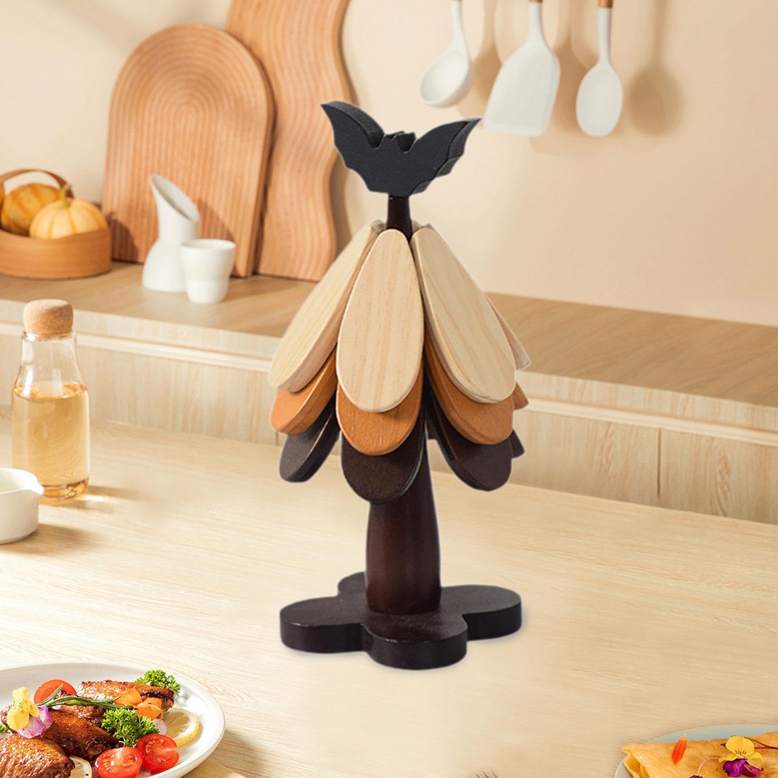 Dessous de Verre En Bois Pliable, Isolant, Utilisable Comme Dessous de Plat Ou sous-verre, sous-verre Original pour Protéger de La Chaleur, Idéal Comm, Chauve-souris Noire