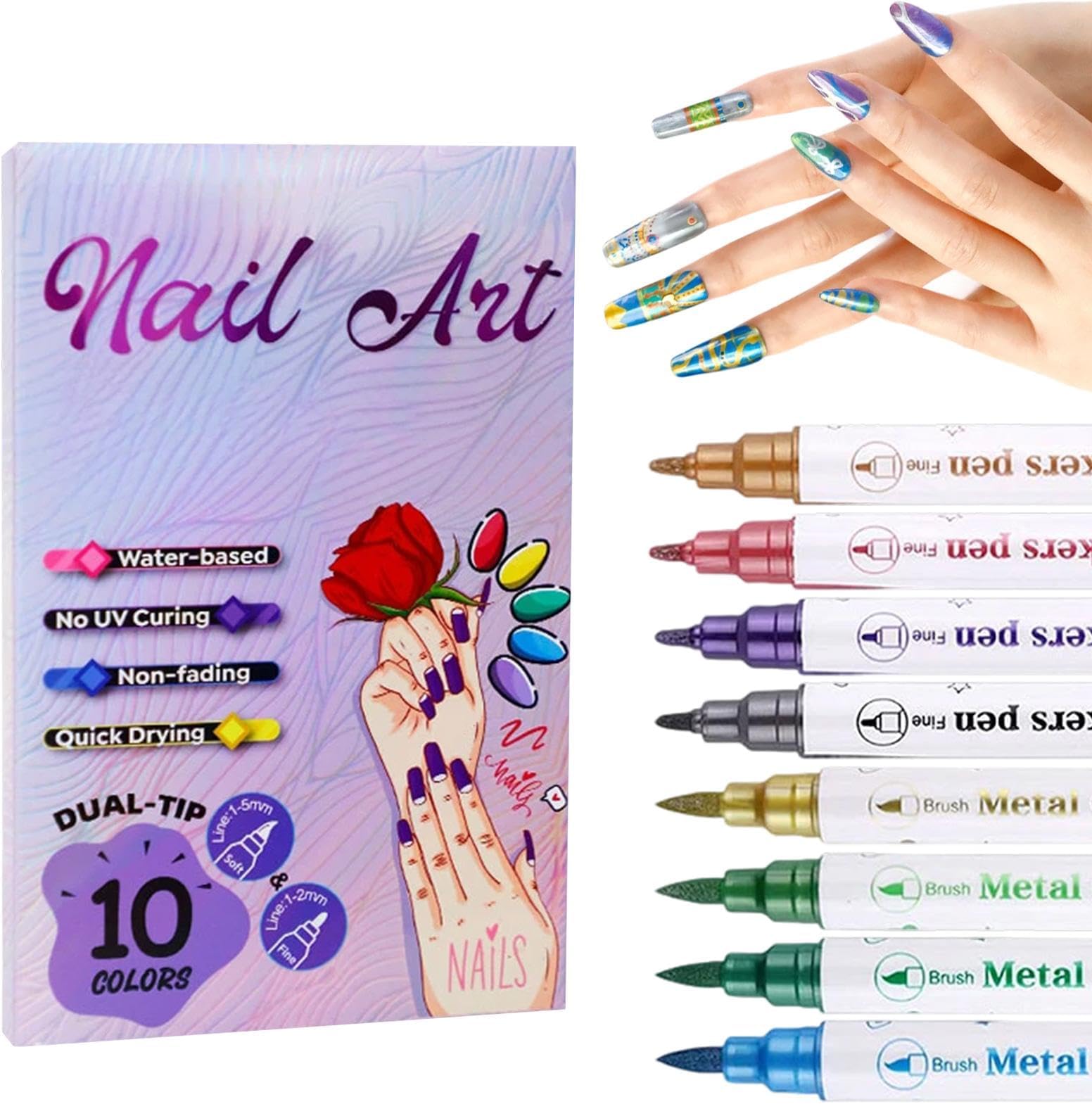 10 Colour Nail Art Pens Set, Dual-Tip Quick-Dry Nail Polish Pen, Metallic Acrylic Paint Pens for Gel & Natural Nails, Beginner-Friendly Nails Art Pens Set for 3D Designs