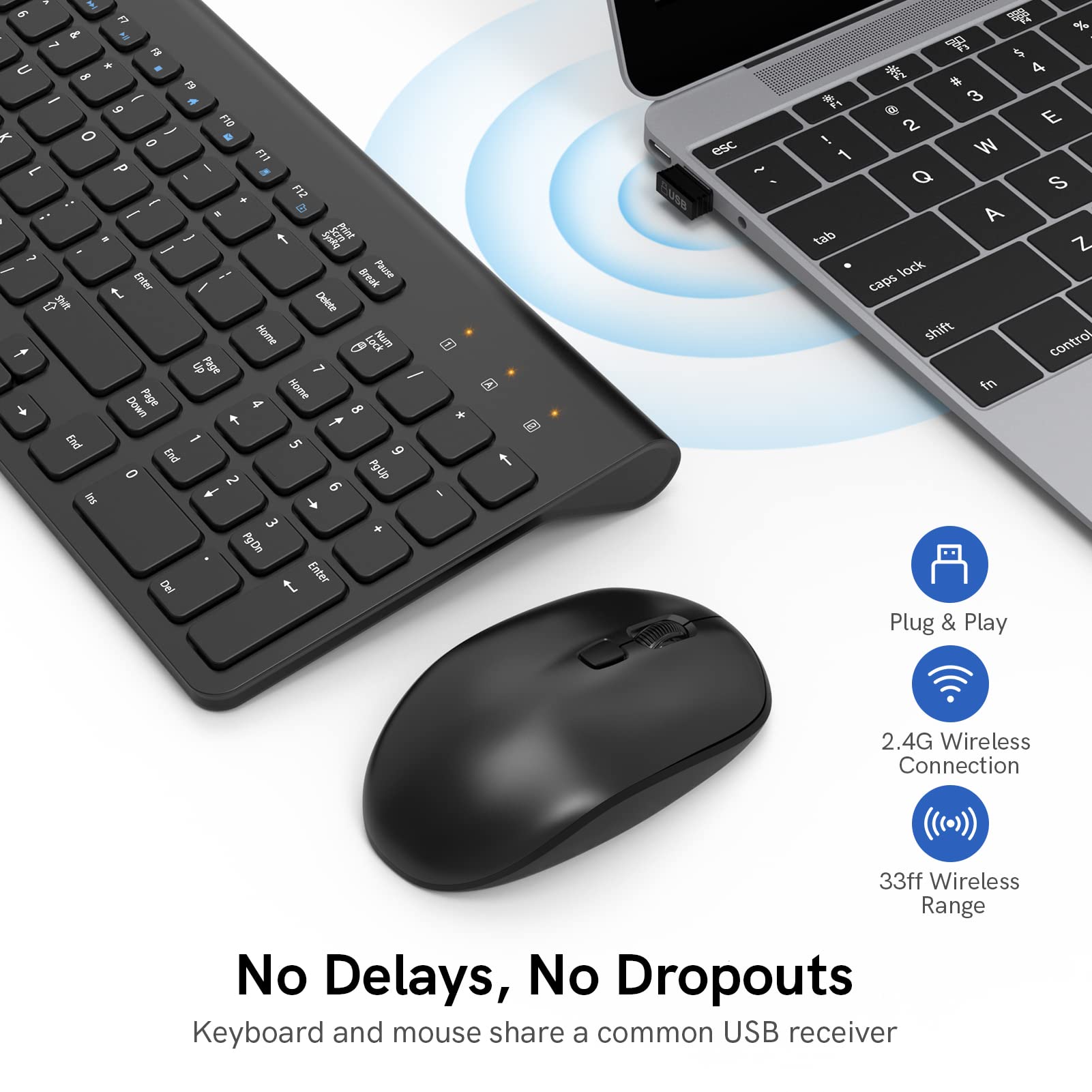 Wireless Keyboard Mouse Combo, Compact Full Size Silent Wireless Mouse and Keyboard, 2.4G Ultra-Thin Ergonomic Extreme Power Saving Design for Windows, Computer, PC, Laptop (Black)