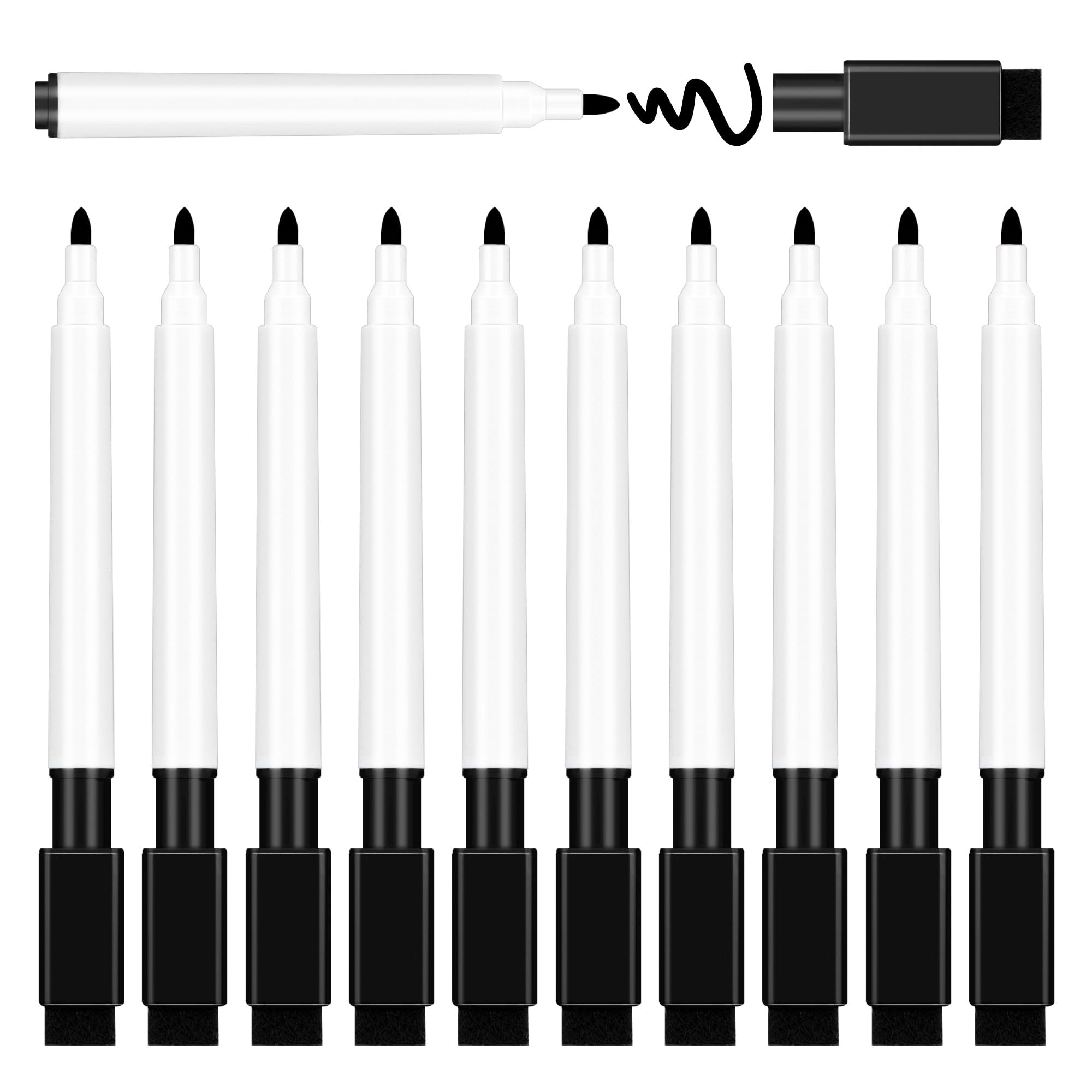 YUNAI 10 PCS Black Whiteboard Marker Pens with Eraser, Dry Wipe Fine Tip Marker Pens for Whiteboard, Thin Bullet Tip Erasable Pens Black, Office Schools Classroom Teacher Family Supplies