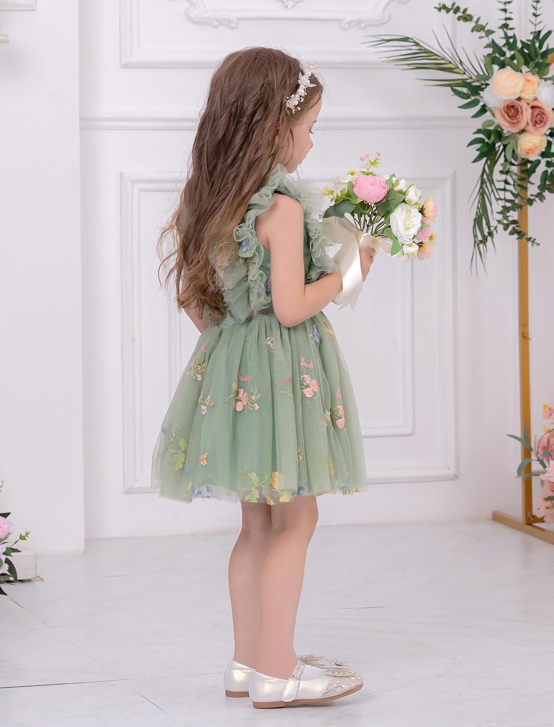 ODASDO Kids Girls Tutu Tulle Ruffle Sleeve Princess Dress Birthday Party Pageant Holiday Wedding Formal Occasion Dresses