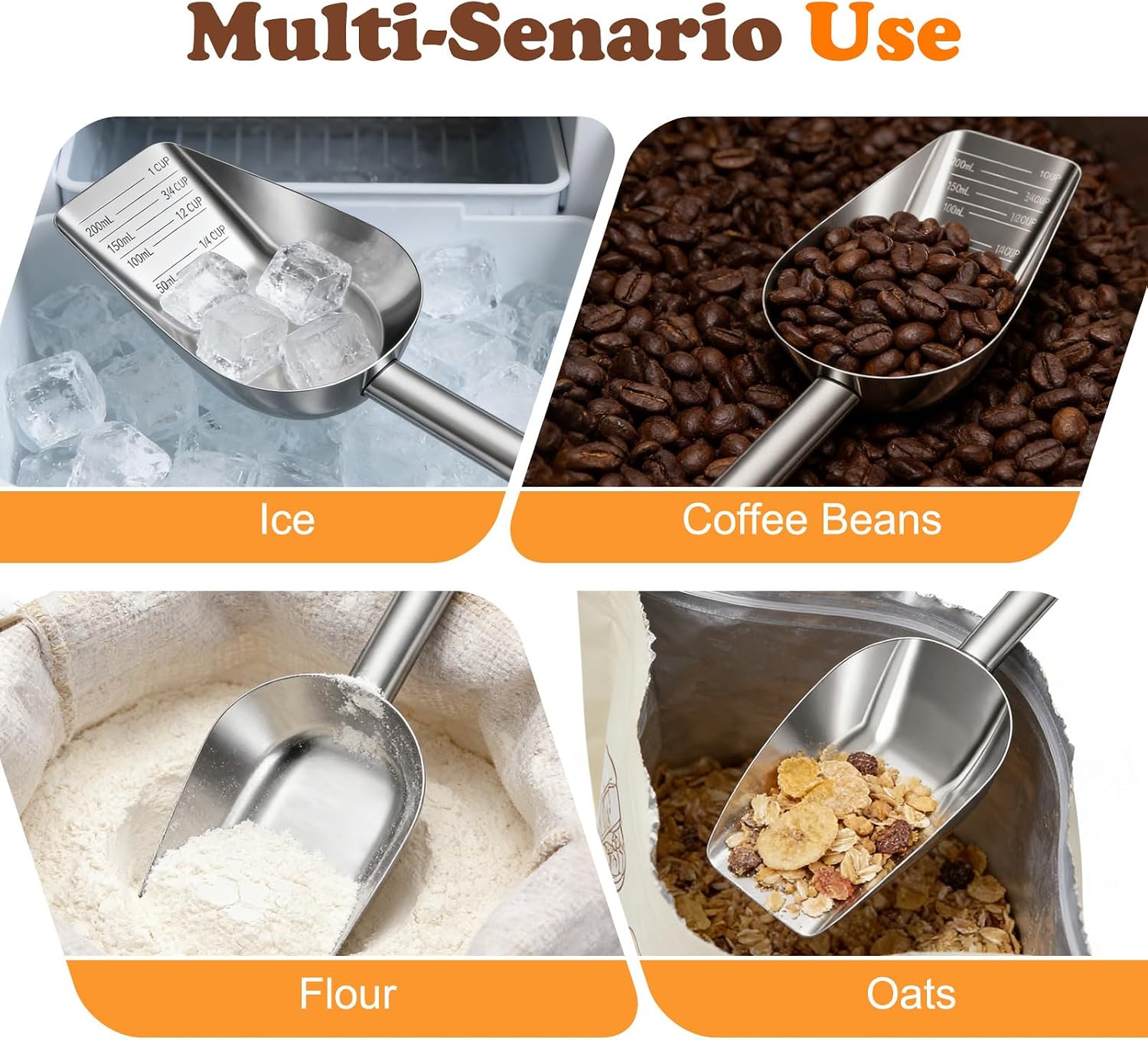 Mity rain Dog Food Scoop Stainless Steel with Long Handle, Precise Dog Food Measuring Cup 1, 3/4, 1/2, 1/4 Cup, Pet Scoop for Dogs, Cats, Rabbits, Animals, Metal Spoon for Dog Food Storage (1CUP)