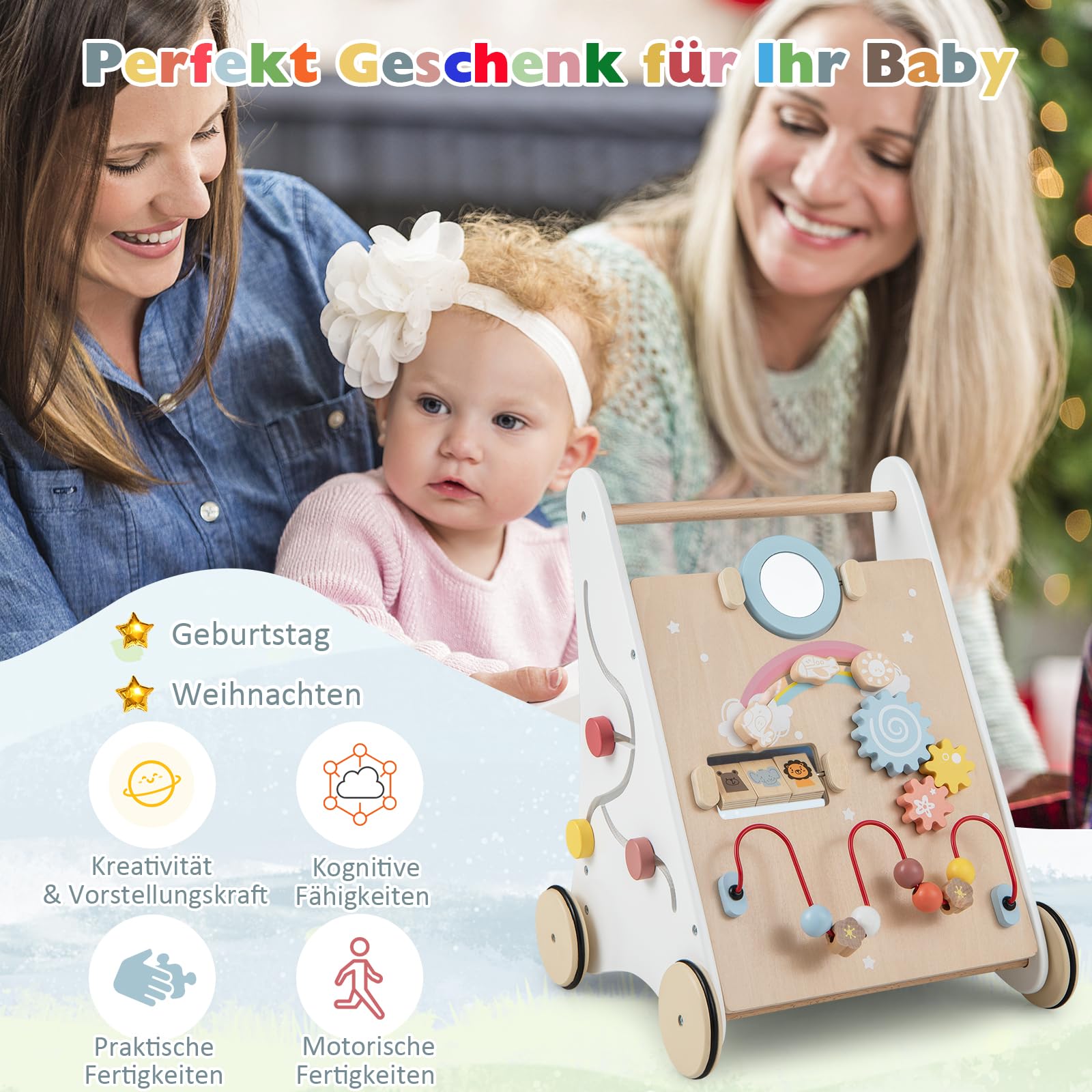 DREAMADE Lauflernwagen Holz, Lauflernhilfe ab 1 Jahr, Baby Gehhilfe mit Spiegel & Spielzeug, Gehfrei Baby Holzspielzeug für Jungen & Mädchen (Modell 1-Weiß)