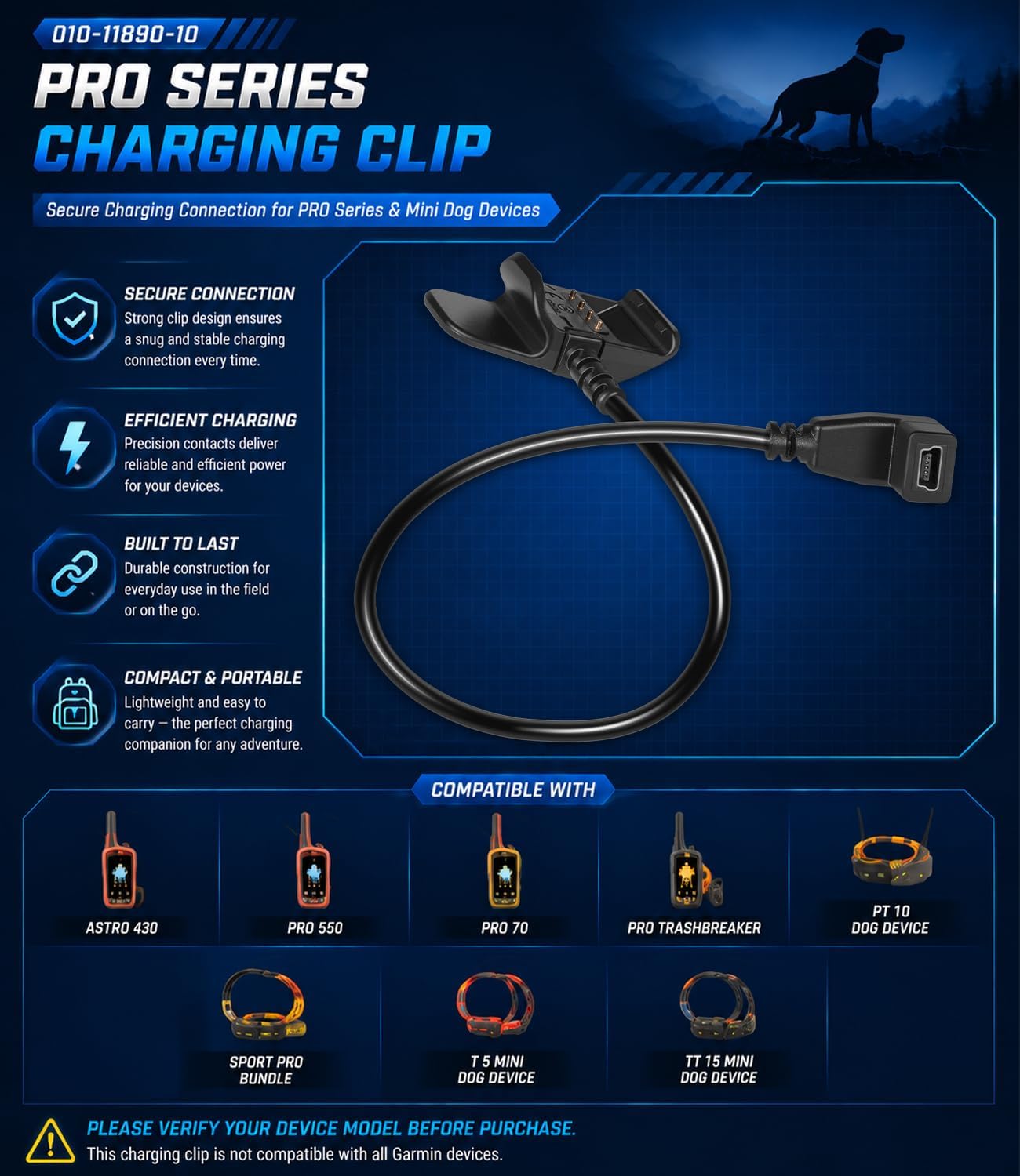 USB Split Adapter Cable & PRO Series Charging Clip for Garmin Dog Devices