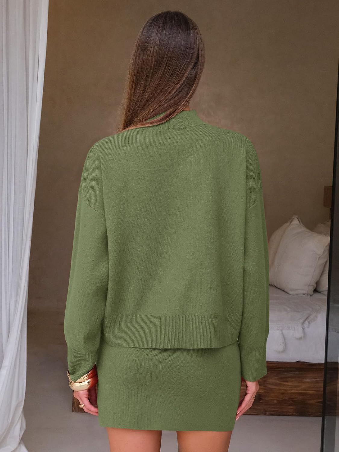 EXLURA Womens 2 Piece Outfits Casual Sweater Dress Sets Long Sleeve Mock Neck Ribbed Knit Tops Bodycon Skirts Winter Clothes - Image 5