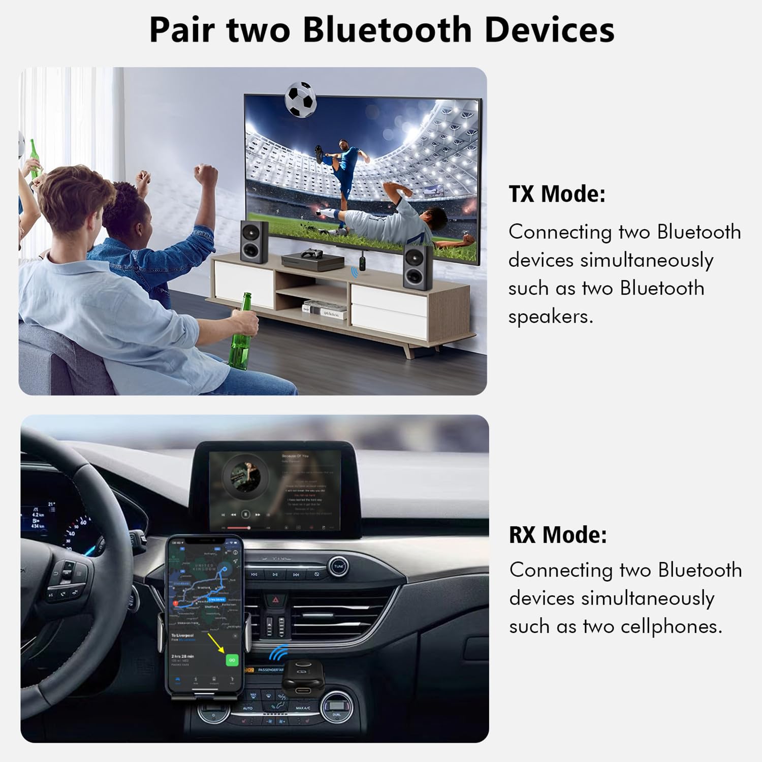 Transmetteur audio Bluetooth 5.2 pour TV, émetteur de casque Bluetooth, 2 connexions appareils BT, prise auxiliaire de 3,5 mm, adaptateur casque pour voiture/home stéréo, noir