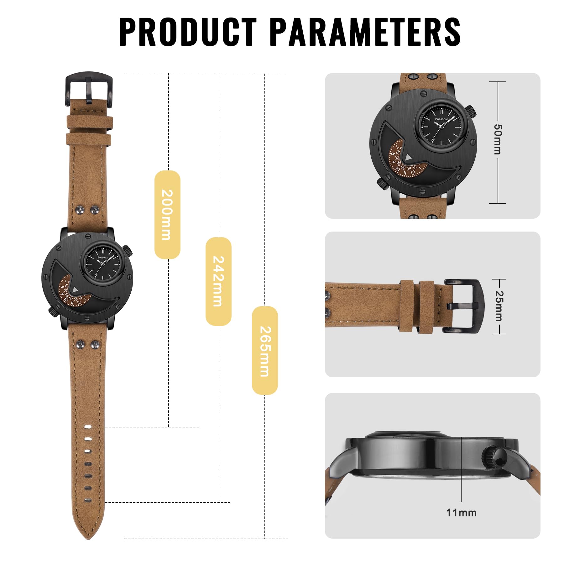 Men's Watch,Dual Time Wrist Watches for Men,Unique Analog Quartz Watch with Leather Strap Cool Design - 3