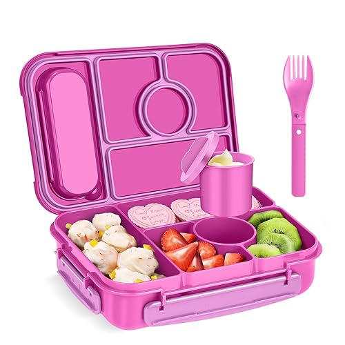 Amathley Bento Box Adult Lunch Box Kids,Lunch Containers for Adults/Kids/Toddler,5 Compartments Bento Lunch Box with Sauce Vontainers,Microwave & Dishwasher & Freezer Safe,BPA-Free (Red lily)