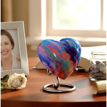 Esplanade Mini Metal Urn Heart Shaped Keepsake Memorial Jar Container Small Urn for Funeral Ashes Funeral Wavy Textured Metal Keepsake with Stand Multicolor 7cm