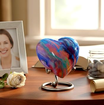 eSplanade Metal Mini Cremation Urn Heart-Shaped Keepsake Memorial Jar Pot Container | Small Urn for Funeral Ashes Burial | Wave Textured Metal Keepsake with Stand | Multicolor - 2.75" Inches