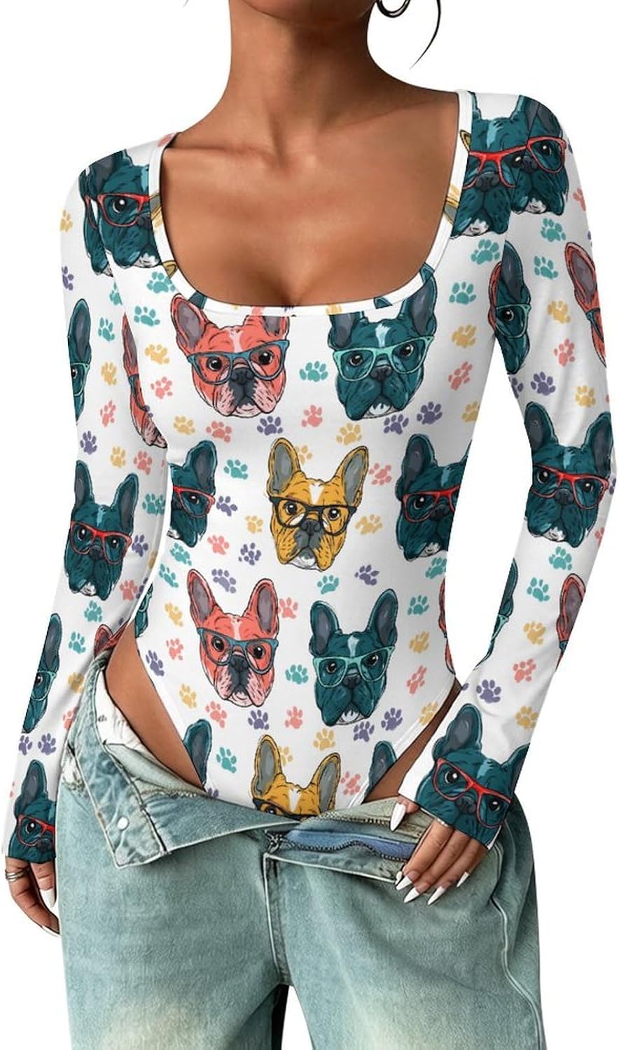 French Bulldog Women's Bodysuits Long Sleeve Top 5XL