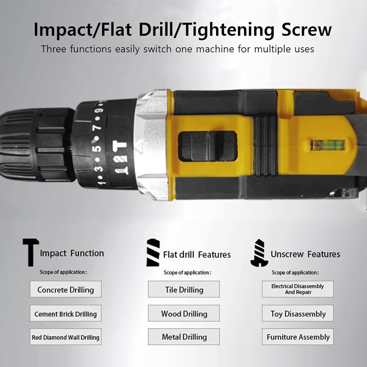 Diagram showing the three main functions of the drill: Impact Function for concrete/cement/red diamond wall drilling, Flat Drill Features for tile/wood/metal drilling, and Unscrew Features for electrical disassembly/repair and furniture assembly.