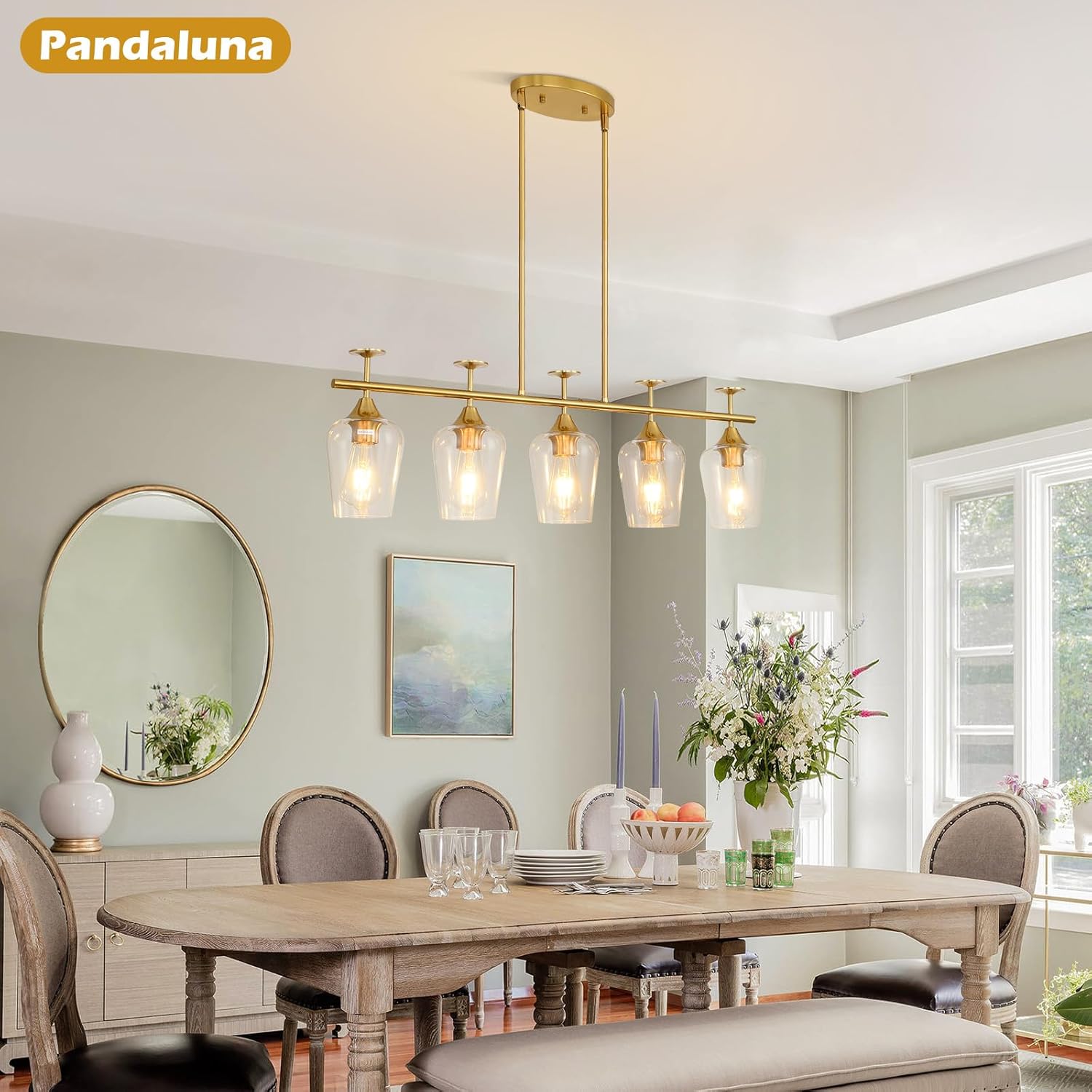 5-Light Dining Room Light Fixture 35.4in Gold Kitchen Island Lighting Fixtures Pendant Lights Linear Chandelier Ceiling Hanging Modern Kitchen Chandeliers Over Table with Clear Glass Shades