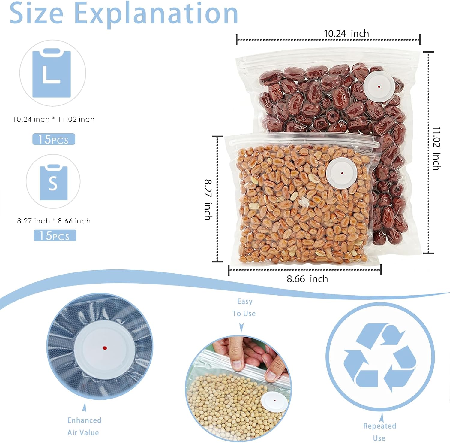 30PCS Reusable Vacuum Seal Bags for Food - 15PCS Large (11.02x10.24”) And 15PCS Small (8.66×8.27") Compact Vacuum Sealer Bags, Leak-Proof Odor-Resistant for Refrigerator Outdoor Travel Food Storage