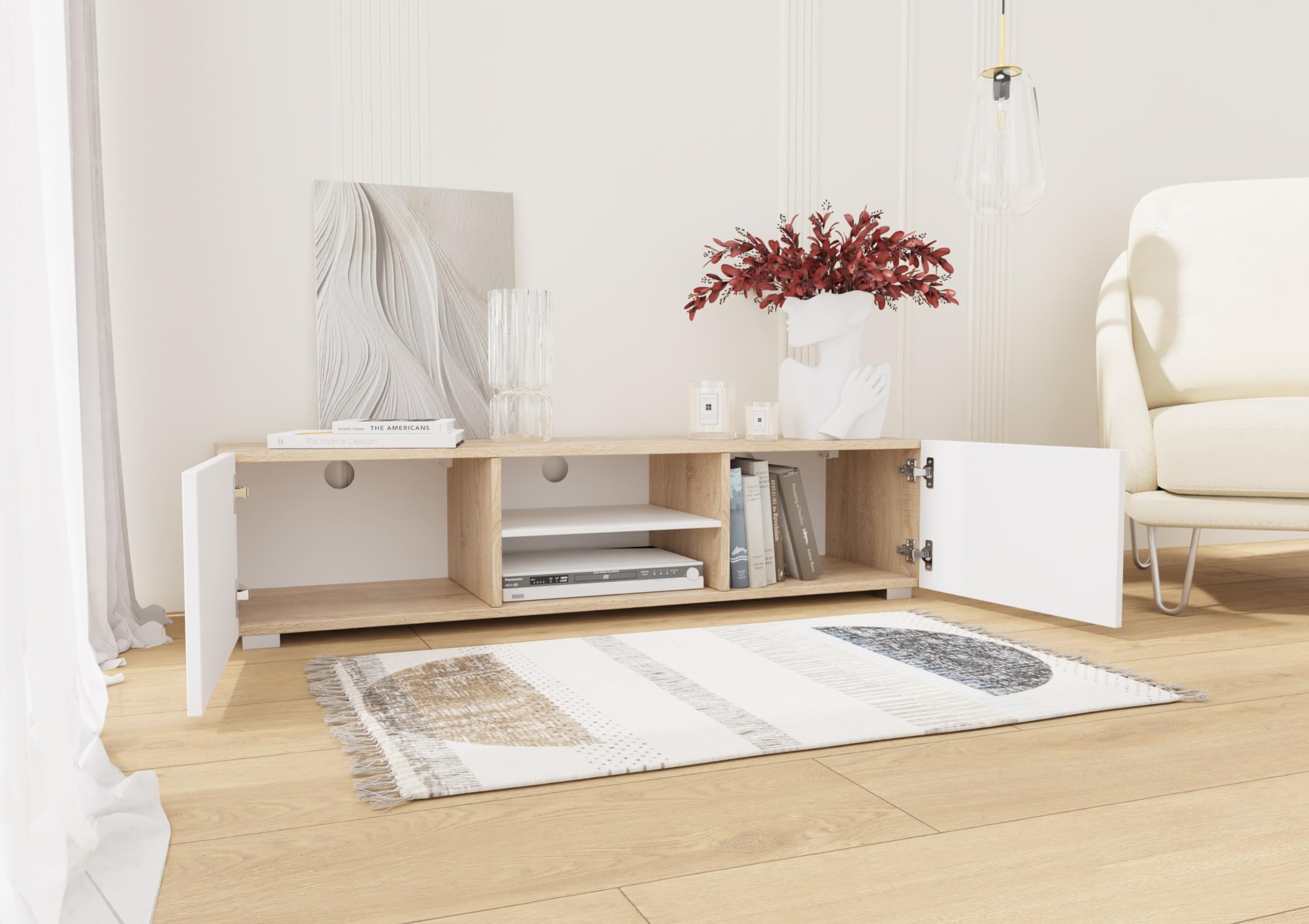 PLATAN ROOM TV Lowboard/Sideboard 140 cm breit Hängeschrank Fernsehschrank TV Kommode mit 2 Türen und offenem Fach in 5 Farbvarianten (Sonoma Eiche/Weiß Matt, 140 cm breit)