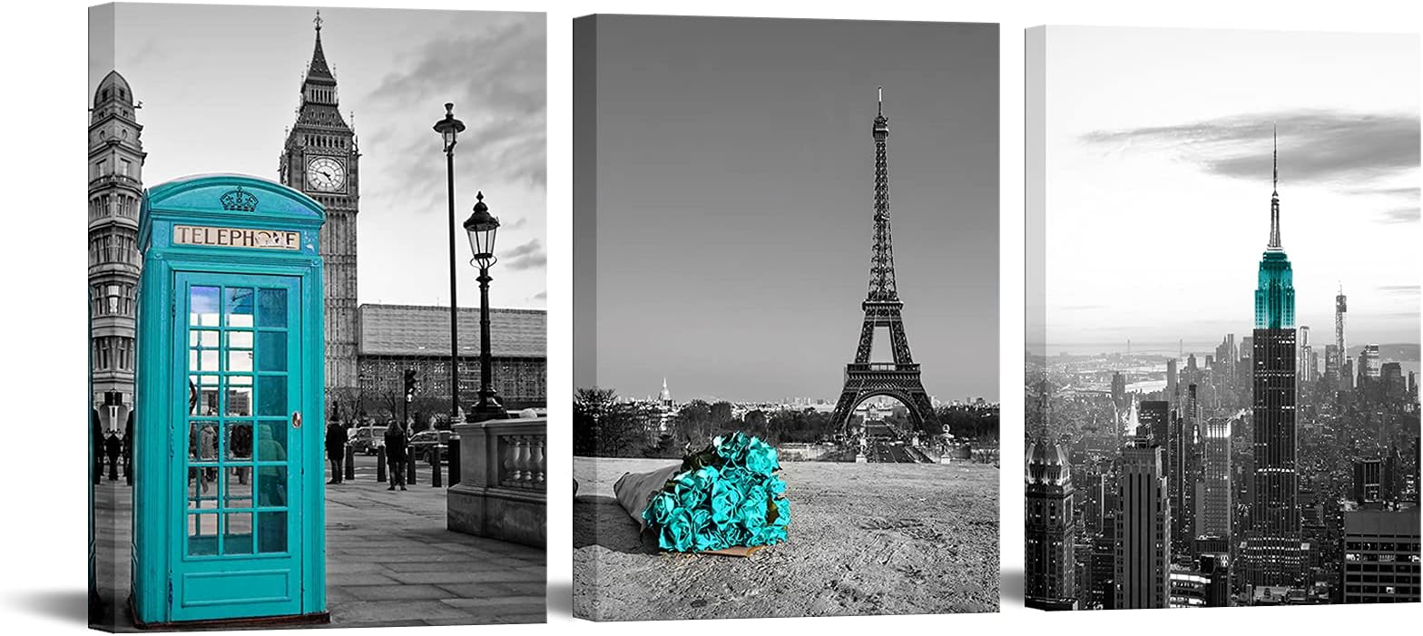 Nachic Wall Black and White Teal Canvas Wall Art Paris Eiffel Tower Turquoise Rose London Telephone Booth Big Ben New York Empire State Building Picture Print on Canvas for Bathroom Bedroom Decor