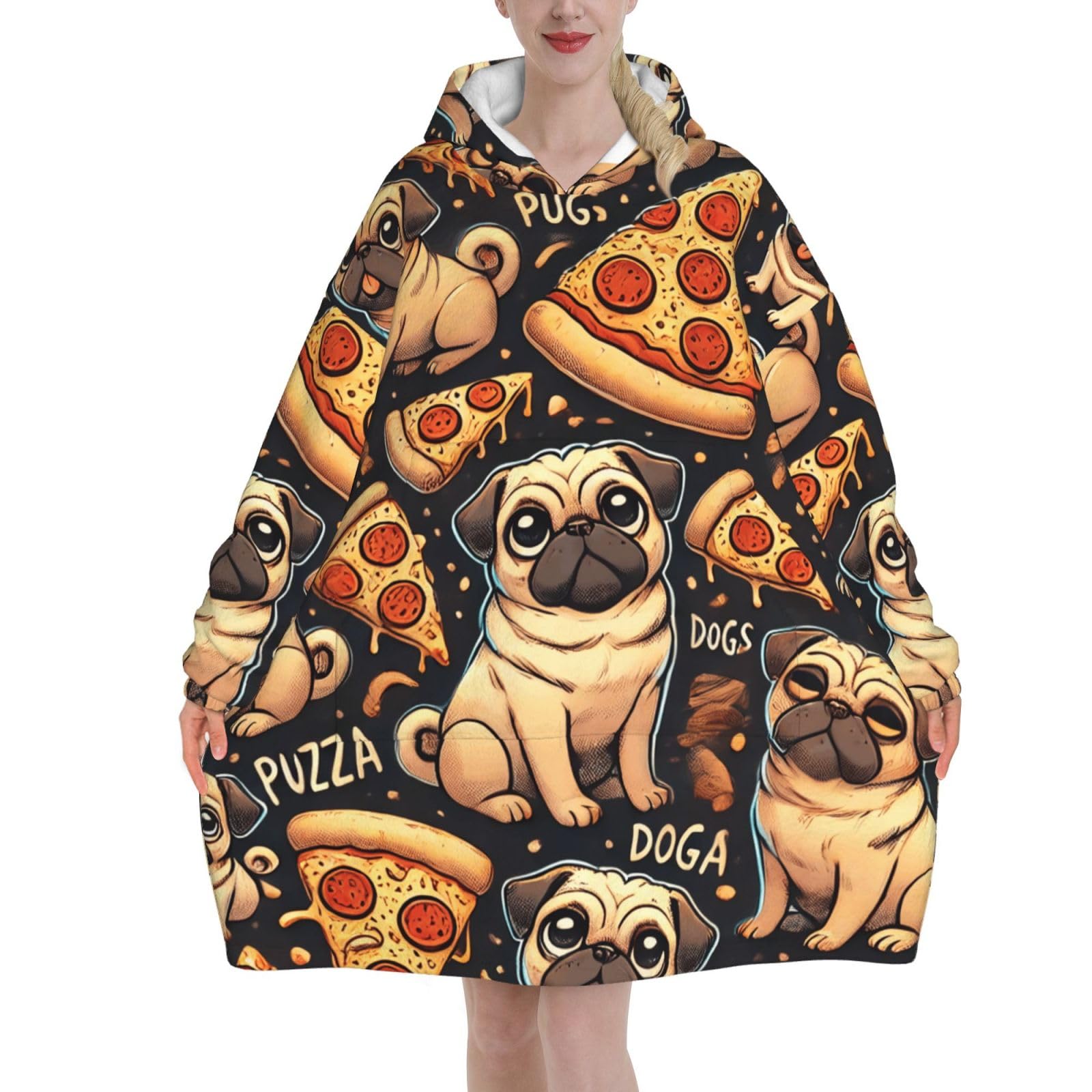 Geteruichi Men's Black Wearable Blanket Hoodie Oversized Pug Dogs Pizza Large Hooded Blanket Jumper For ,Wo