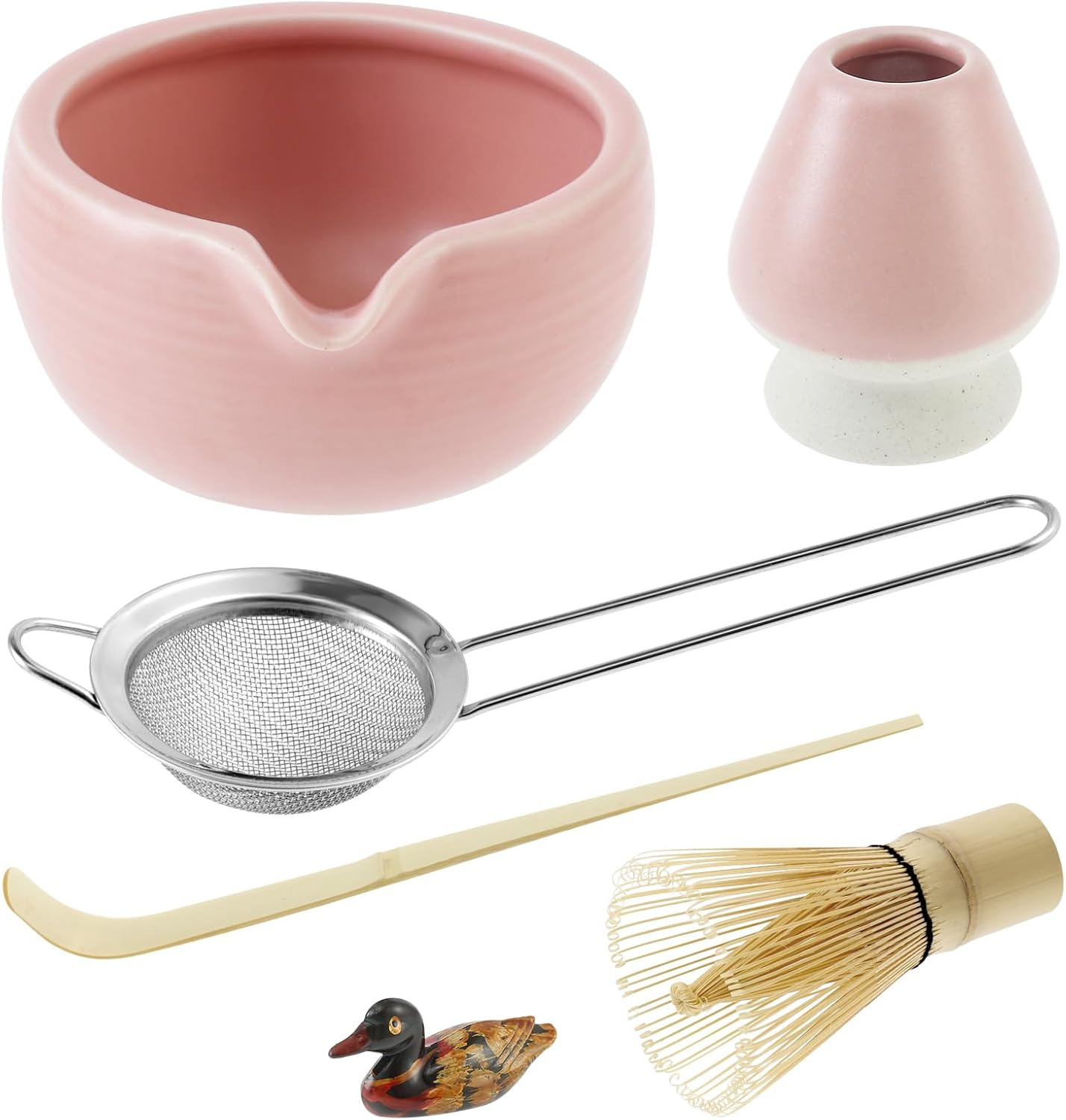 Matcha Set, 5pcs Bamboo & Ceramic Matcha Whisk & Bowl Kit with Sifter, Pink