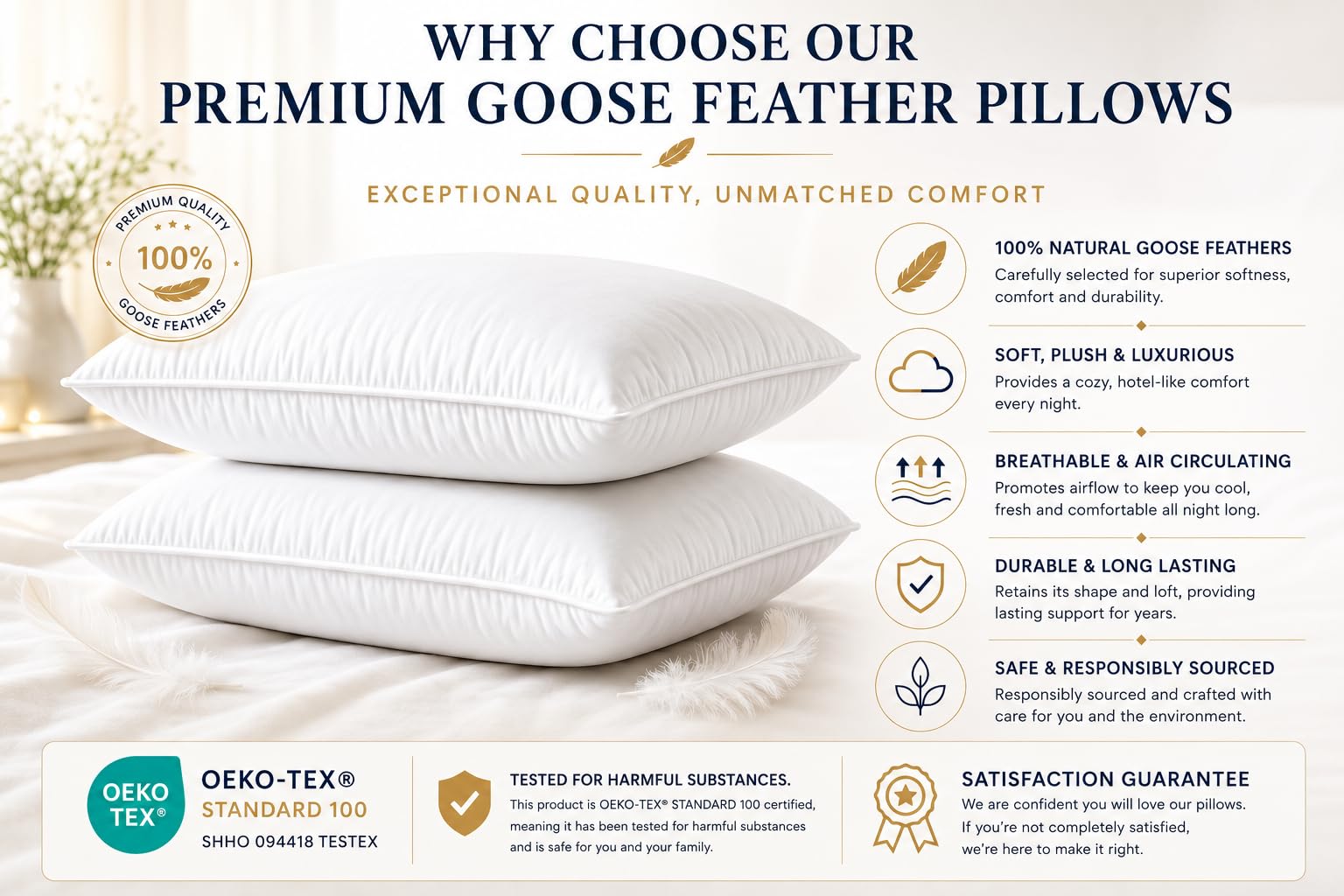 4All - Juego de 2 almohadas de plumas de ganso, relleno hipoalergénico adicional, soporte para la cabeza y el cuello, almohadas cómodas para dormir en el lateral