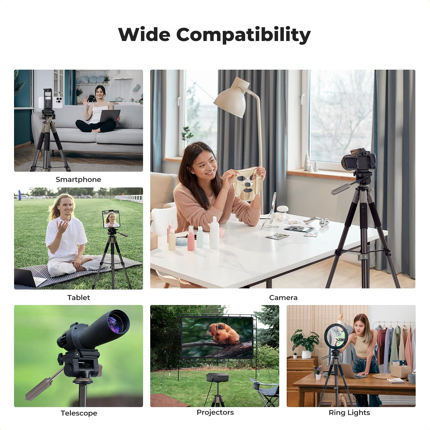 K&F CONCEPT Camera Tripod, 75" Lightweight Portable Travel Outdoor DSLR Tripods for Camera Phone Video Recording Tripod Stand, Cellphone Clip for Smartphone Live Streaming Vlog (Grey, 75'')