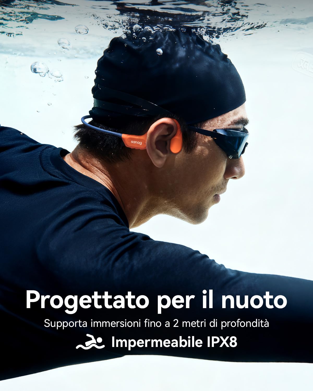 SANAG Cuffie a Conduzione Ossea, IP68 Impermeabili per Nuoto, MP3 Integrato 64GB, Bluetooth 6.0, Rivestimento in Silicone Liquido, Open Ear con AI Noise Cancelling, 9 Ore di Autonomia, Premium Sound