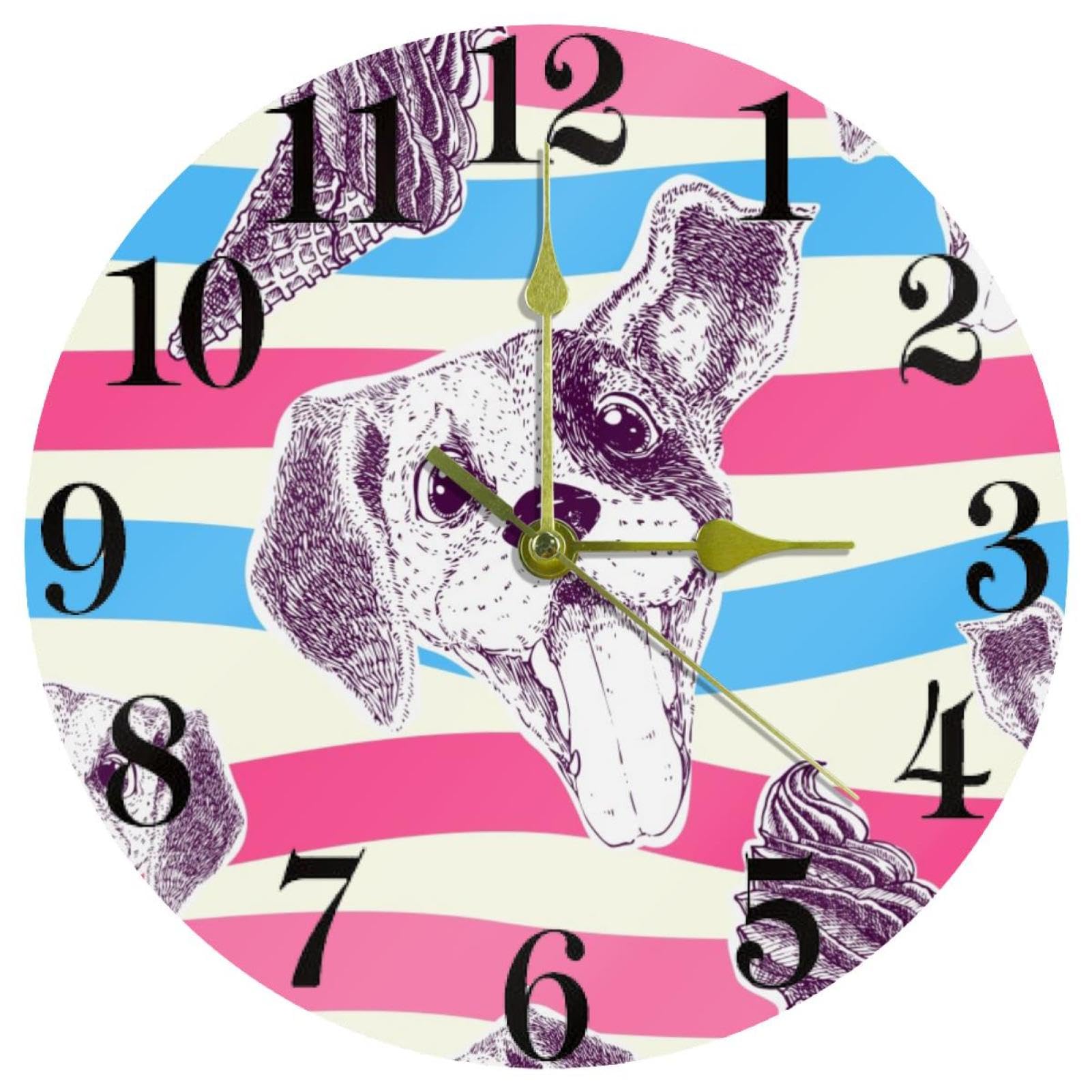 Horloge murale ronde silencieuse motif chiot et glace multicolore 30 cm