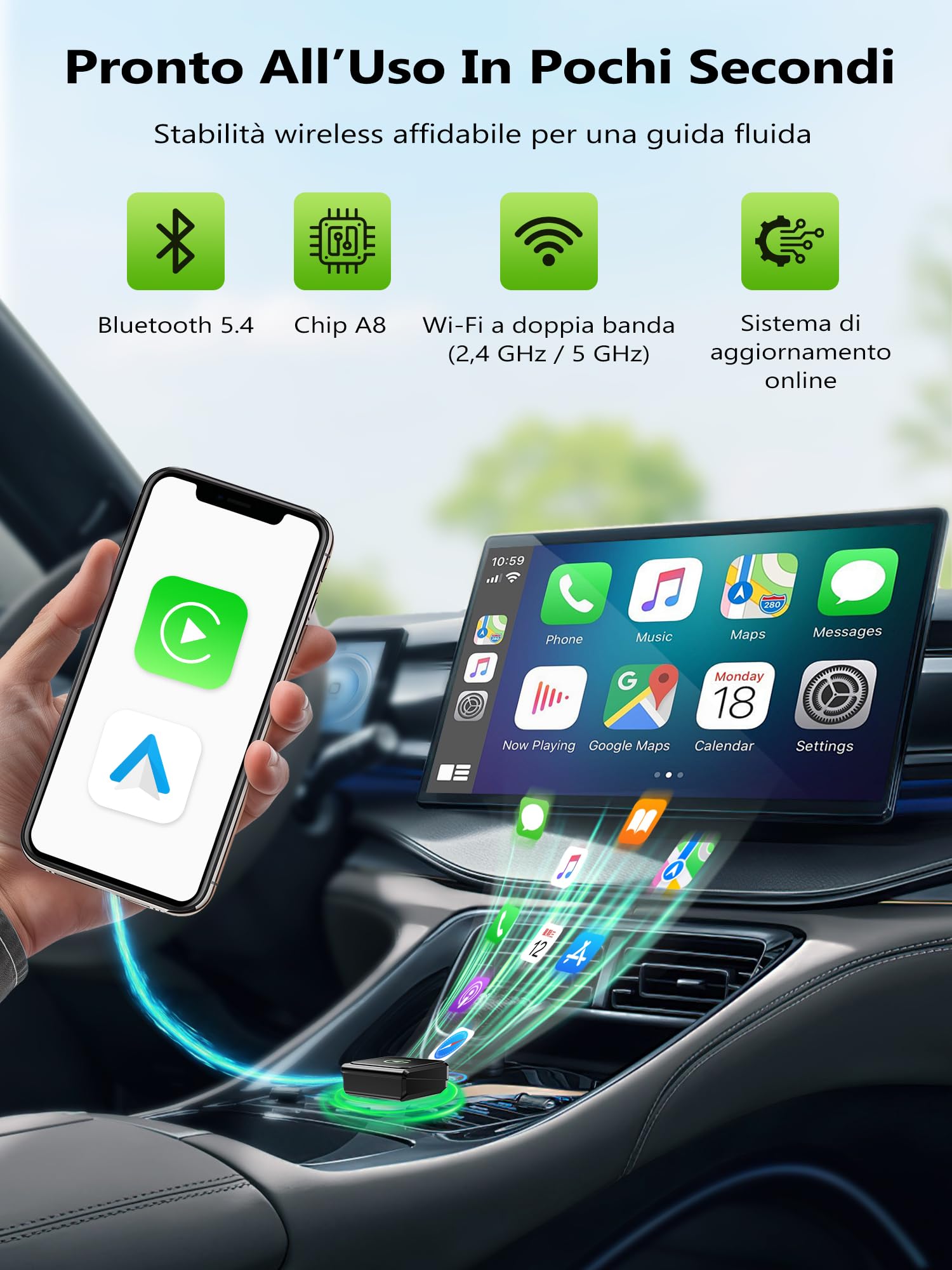 Adattatore CarPlay Wireless Per iPhone:Android Auto Wireless & CarPlay Wireless – Stabile, Compatibile con iPhone iOS 10+ e Auto con CarPlay di Serie, Connessione Automatica, Plug & Play, USB-A/Type-C