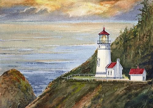Heceta Head Lighthouse Yachats Oregon Coast - Impresiones artísticas de acuarela mate (5 x 7)