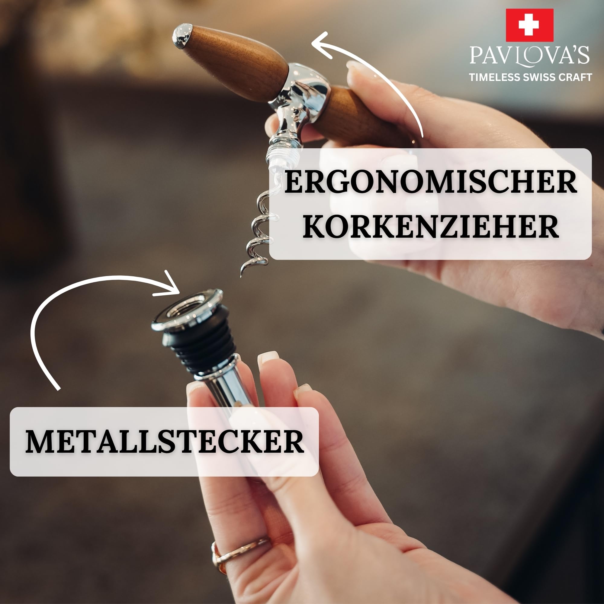 PAVLOVA’S Schweizer Korkenzieher & Flaschenverschluss Set 2-in-1 aus Walnussholz – Edelstahl – Vintage Design – Sicherer Flaschenverschluss – Geschenkbox – 10 Jahre Garantie – Limitierte Edition