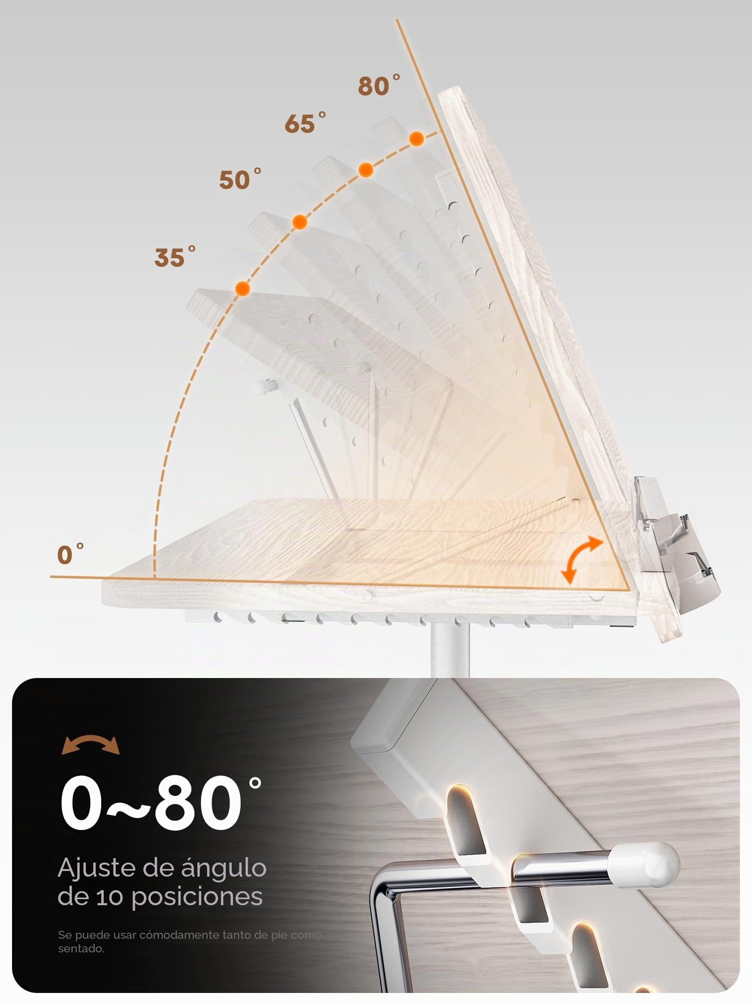 Soporte Ajustable 2 en 1 para Libros y Portátiles - Altura Regulable 60-132 cm, Uso Dual en Suelo y Mesa, Clip Elásticos para Partituras, Recetas, Tablets y Laptops, Diseño Moderno en Blanco