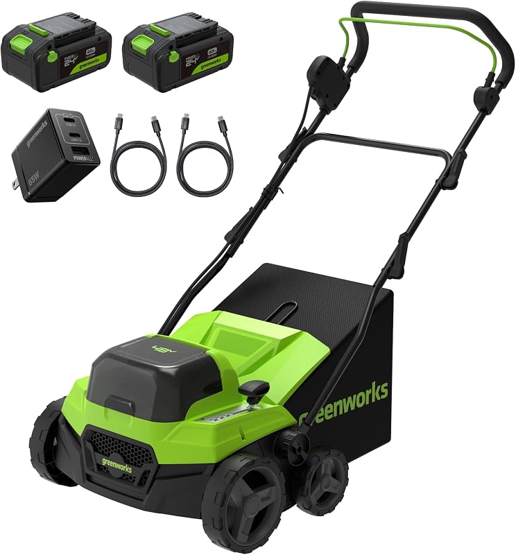 Greenworks Escarificador y escarificador de césped inalámbrico de 48 V (24 V x 2) de 15 pulgadas, incluye (2) baterías de 4,0 Ah y cargador de 65 W, cortadora de césped de profundidad ajustable, removedor de césped de paja para patio trasero, cuidado del jardín
