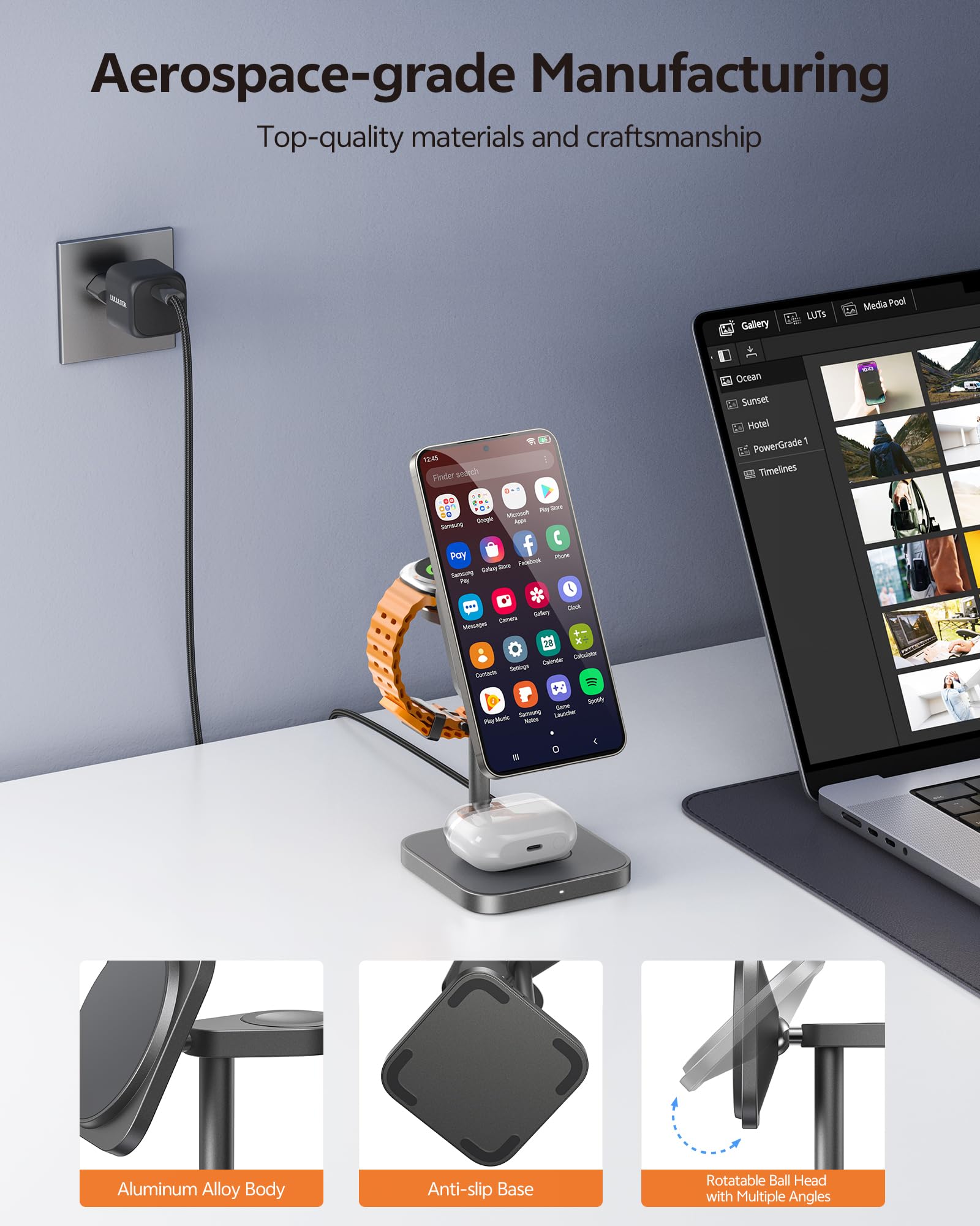LULULOOK Estación de Carga para Samsung,3 en 1 Cargador rápida de 15W Inalámbrico de Aluminio para Galaxy S25 Ultra S24,S23 S22,Note,Z Fold 7,Flip,Cargador de 5W para Galaxy Watch Ultra/7/6/5/4/Buds