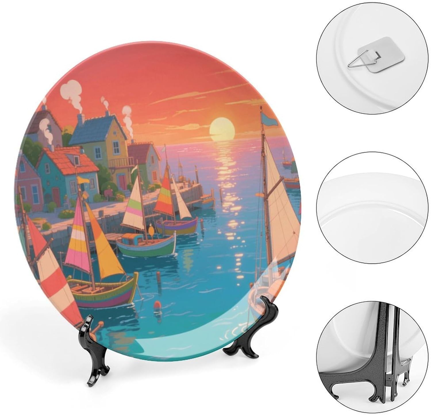 Bone China Decorative Plates Sunset Harbor Ceramic Decorative Plate Wall Decor with Display Stand Ceramic Ornaments for Wall Hanging Decoration