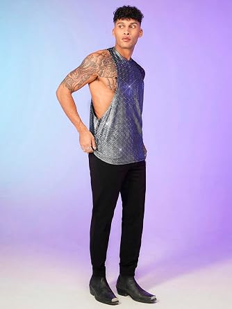 WDIRARA Men's Metallic Glitter Sequin Tank Tops Cut Out Round Neck Party Club Sleeveless Tops