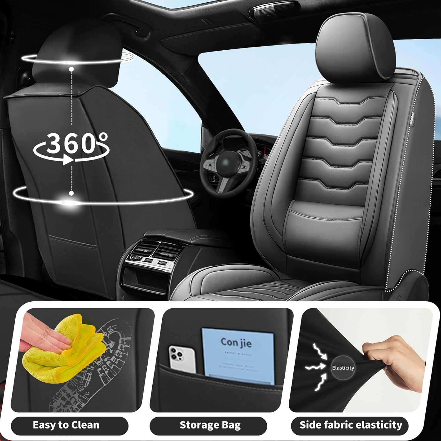 Fit Kona Car Seat Covers for Select Hyundai Kona 2018-2025 2026. Premium Leather, Waterproof， Breathable, Scratch-Resistant & All-Weather Seat Cushion Protector (Full Set, Black)