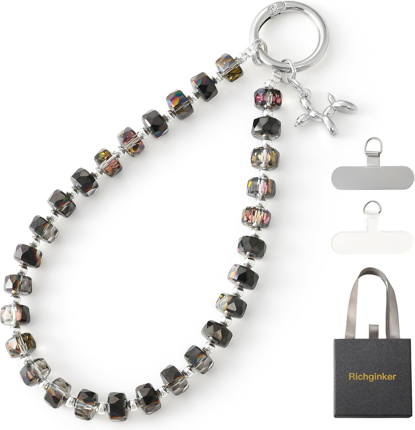 Crystal Phone Wrist Strap Phone Charm Chain Keychain Beaded Cellphone Lanyard with Tether Tab Hands-Free Wristlet Bracelet Wrist Grip Strap for Women, W-Black - Image 2