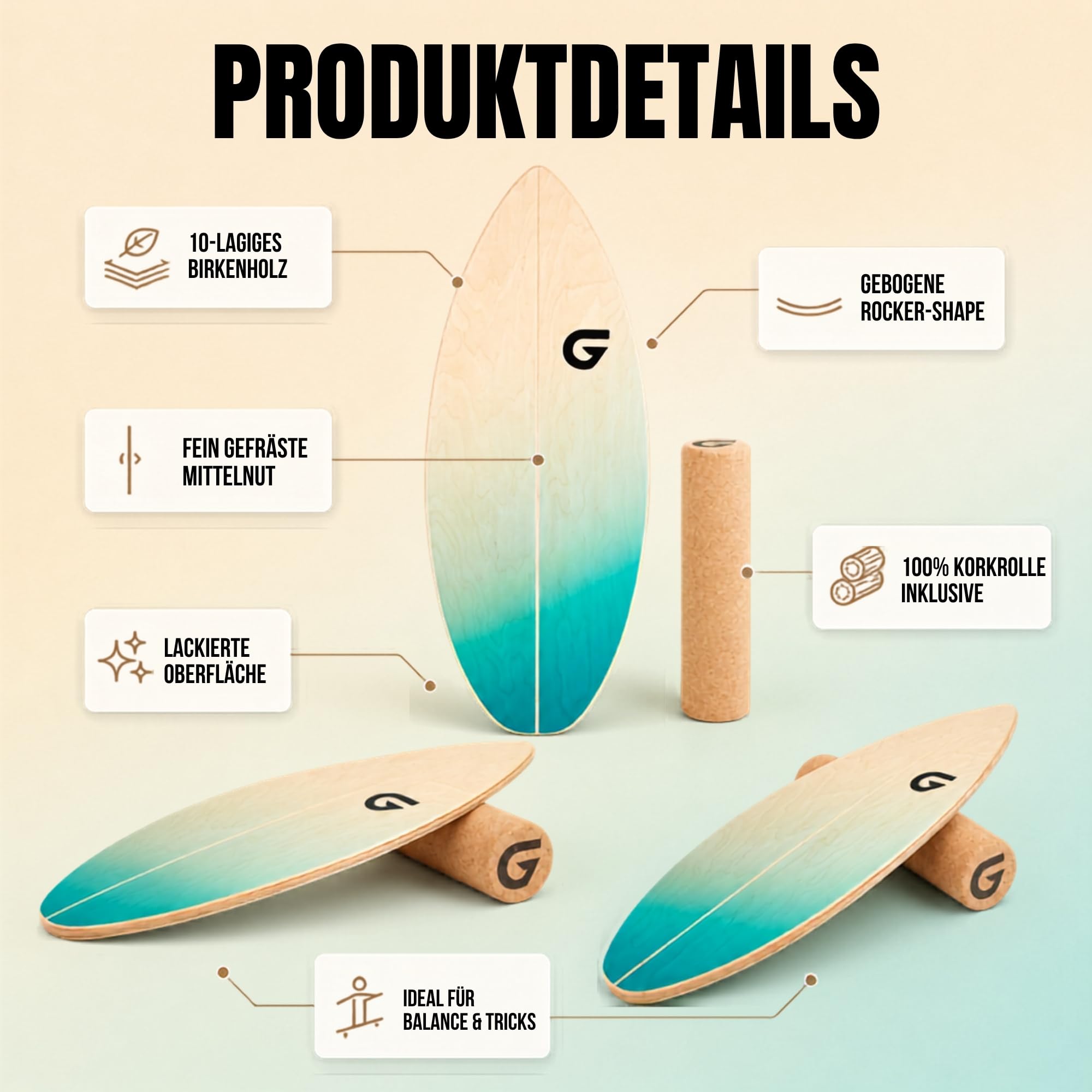 Glory Boards® Balance Board – Handmade - 100% Birkenholz - Inklusive Korkrolle - Optimal für Gleichgewichts- & Krafttraining, Für Einsteiger & Fortgeschrittene, Indoor & Outdoor – Erwachsene & Kinder