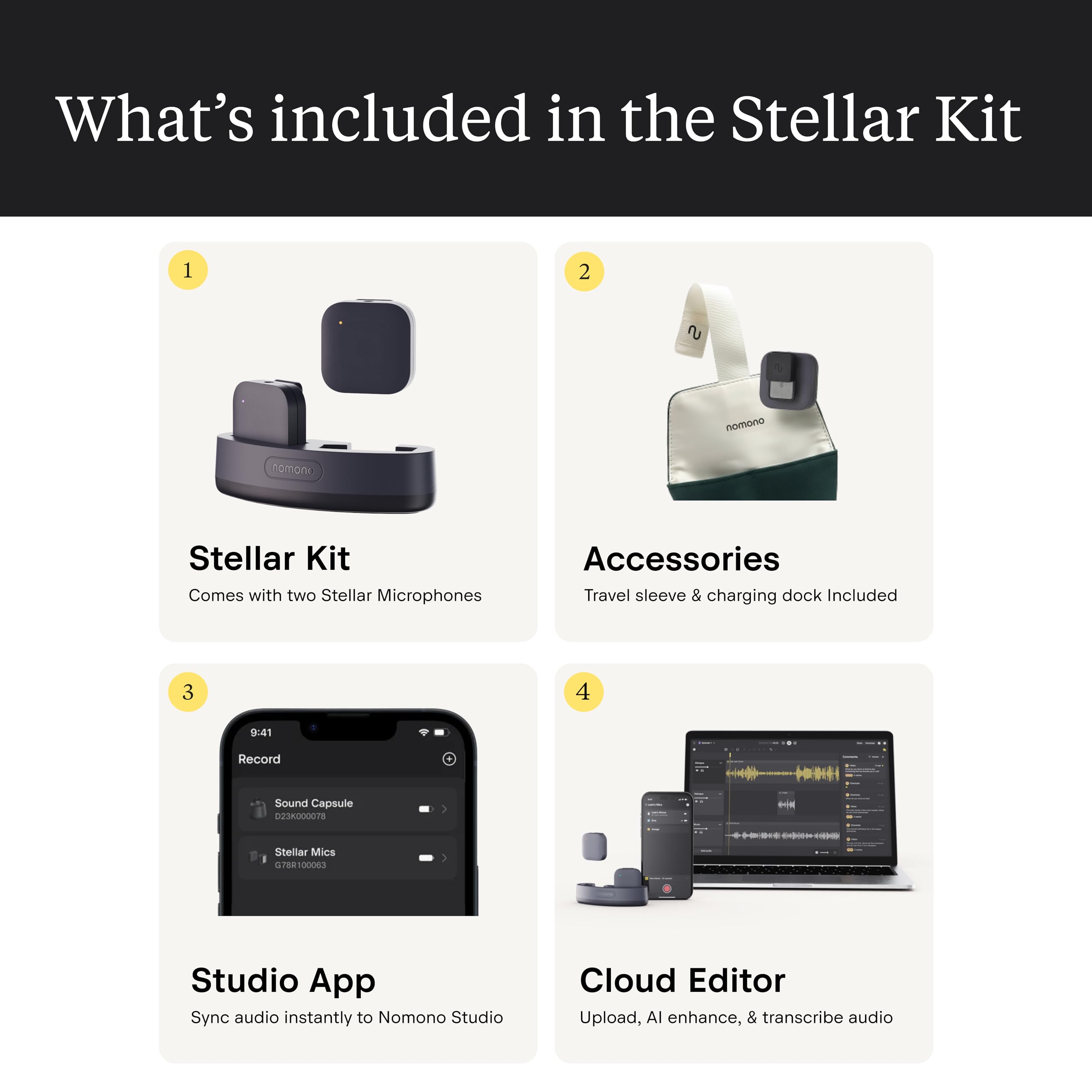 Nomono Stellar Kit | Tragbares Podcast-Kit mit 2 professionellen kabellosen Lavalier-Mikrofonen, Ladestation & Reisehülle, tragbares Audio für Meetings, Interviews, Podcasts und mehr