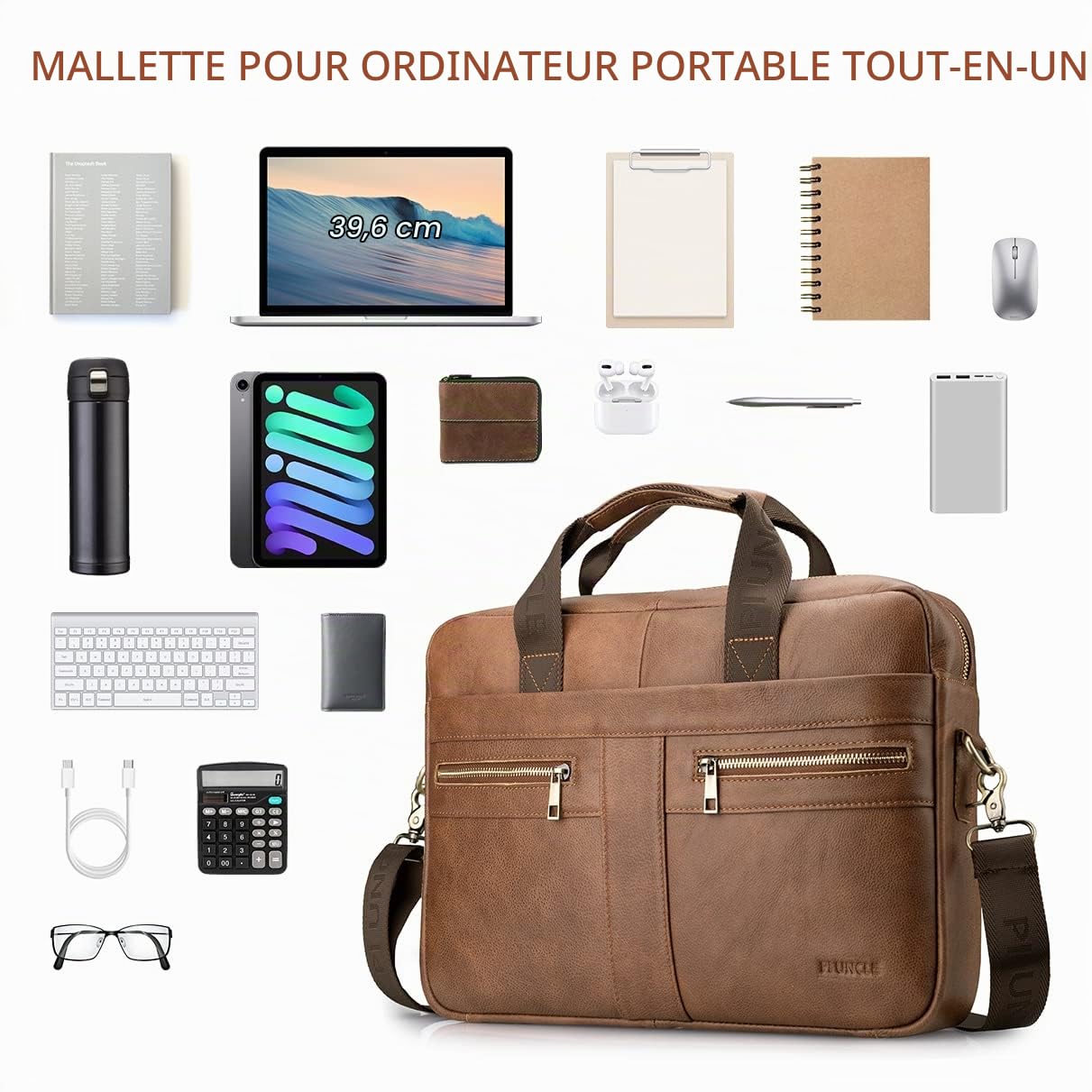 SPAHER Sacoche pour ordinateur portable 15,6" en cuir véritable - Sac à bandoulière pour homme